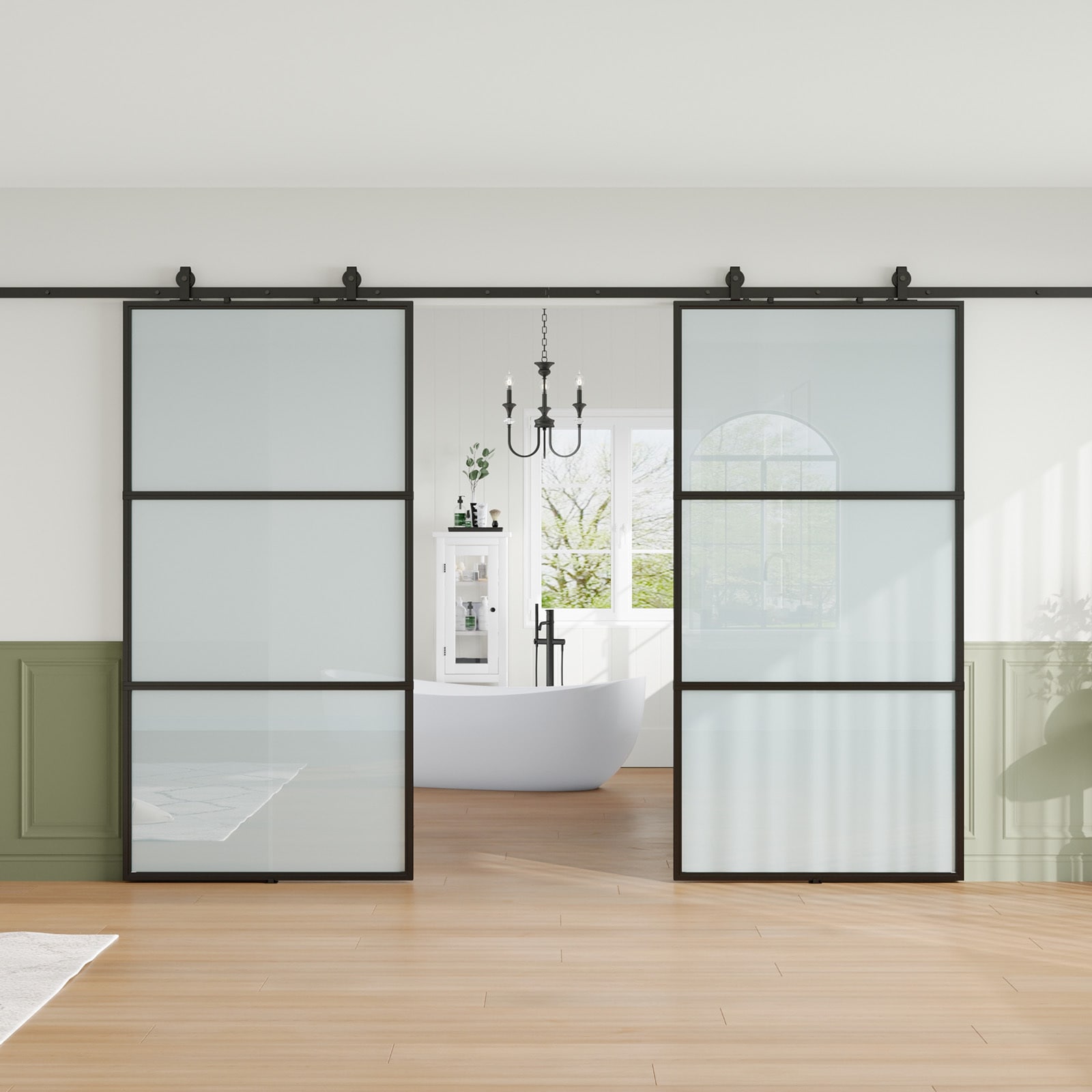 Fredbeck 84-in x 84-in 3 Panel Frosted Glass Black Metal Hollow Core Double Barn Door (Hardware Included)
