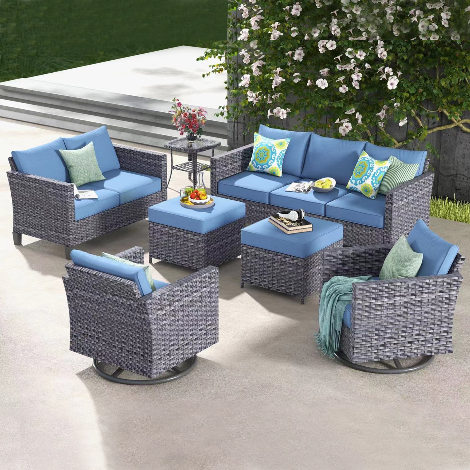 Ovios LRS300-7Y 7 -Piece Wicker Patio Sofa Conversation Set with Blue Cushions