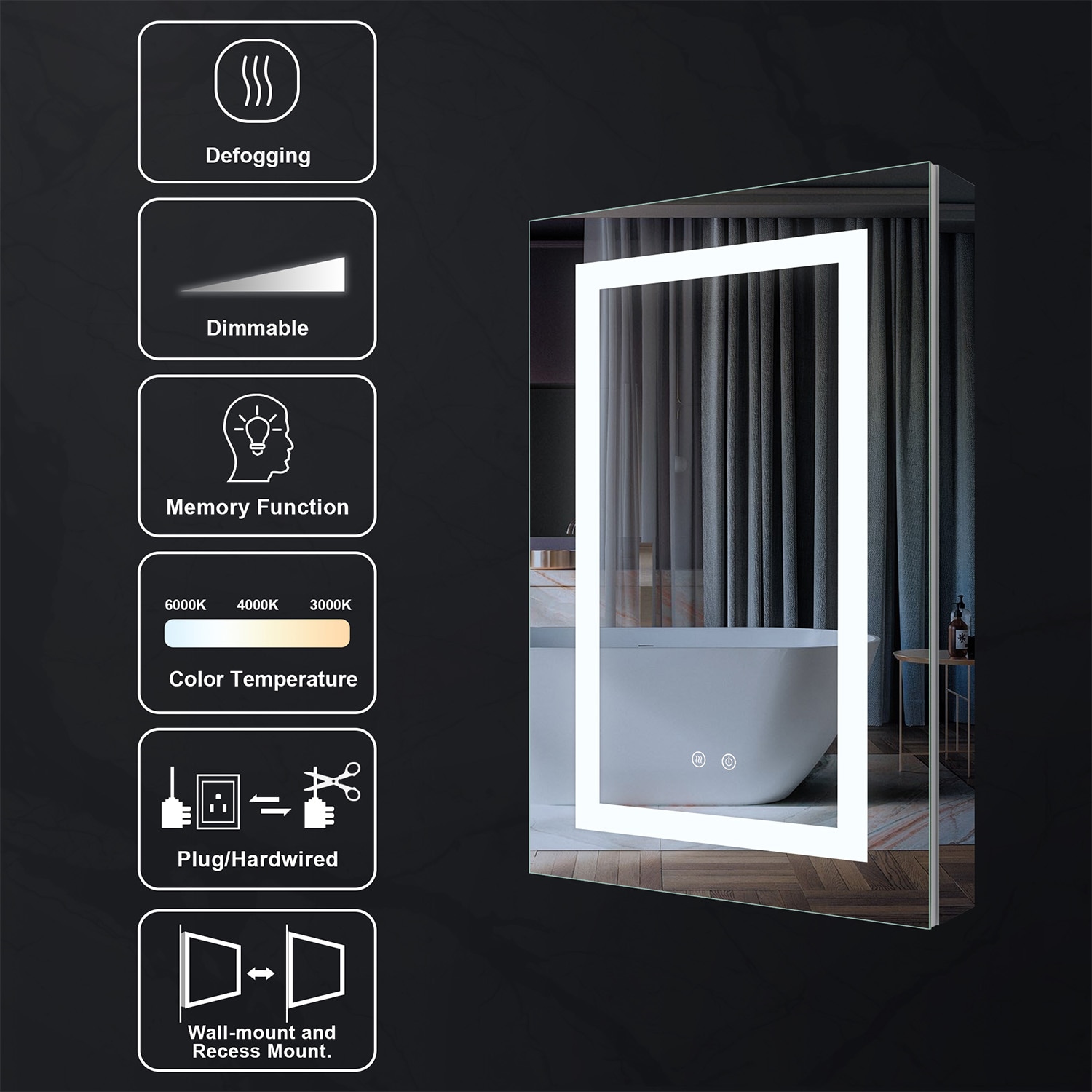 WELLFOR W3 Dimmable Mirrored LED Bathroom Medicine Cabinet 20-in x 30 ...