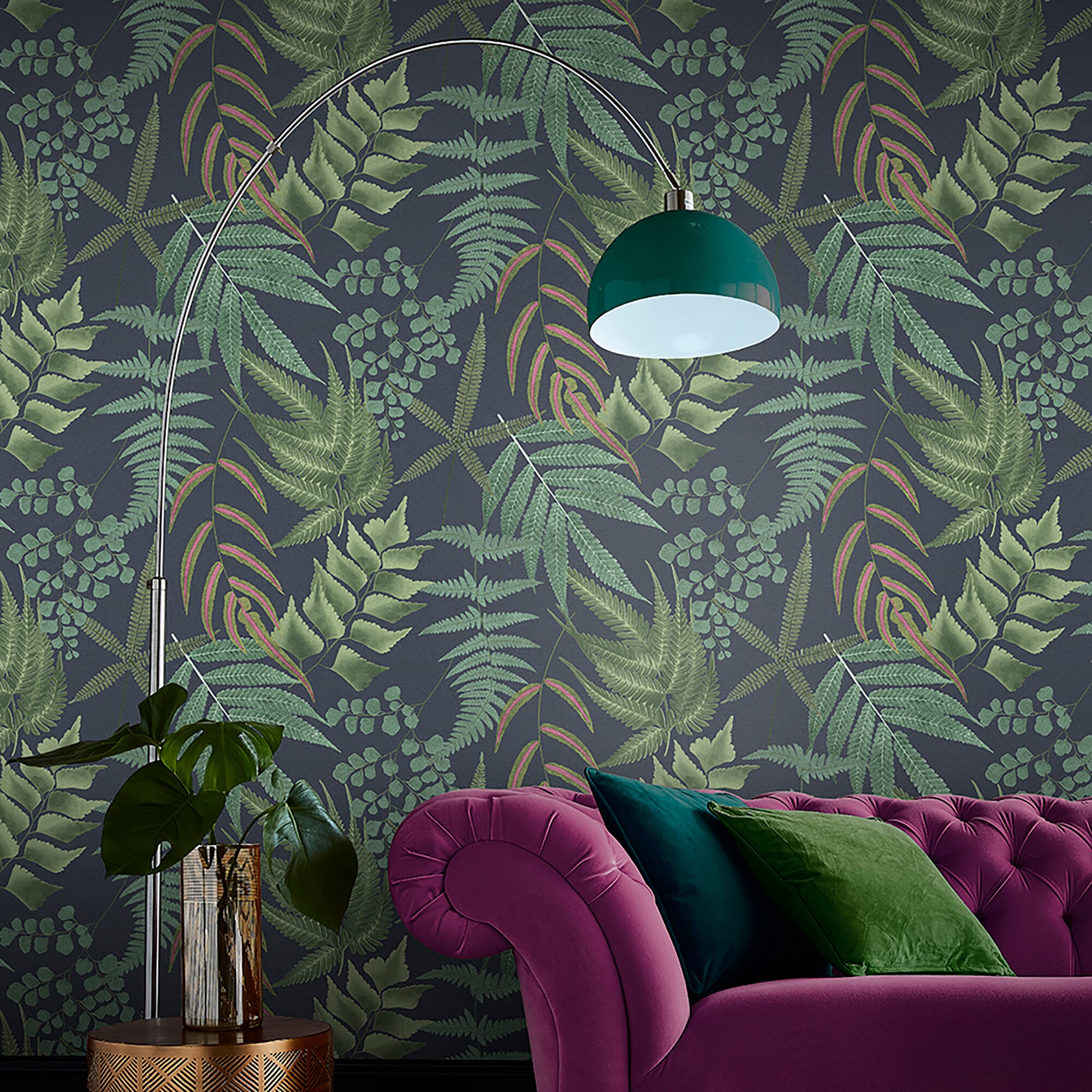 Midsummer Fern Navy Blue and Green Botanical Wallpaper