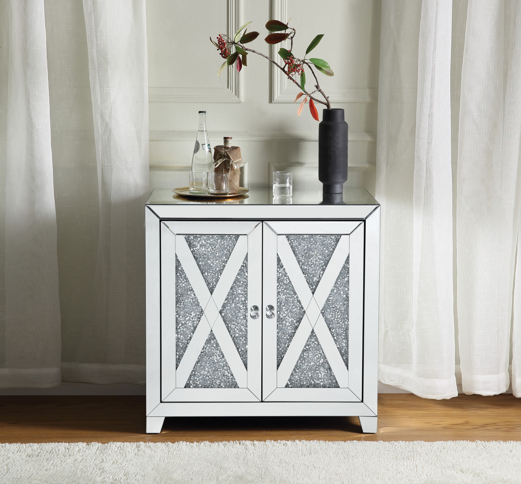 CHITA Modern Tempered Glass Storage Cabinet with 2 Doors Mirror for Living Room Bedroom Hallway Entryway and Organized Home Storage Silver