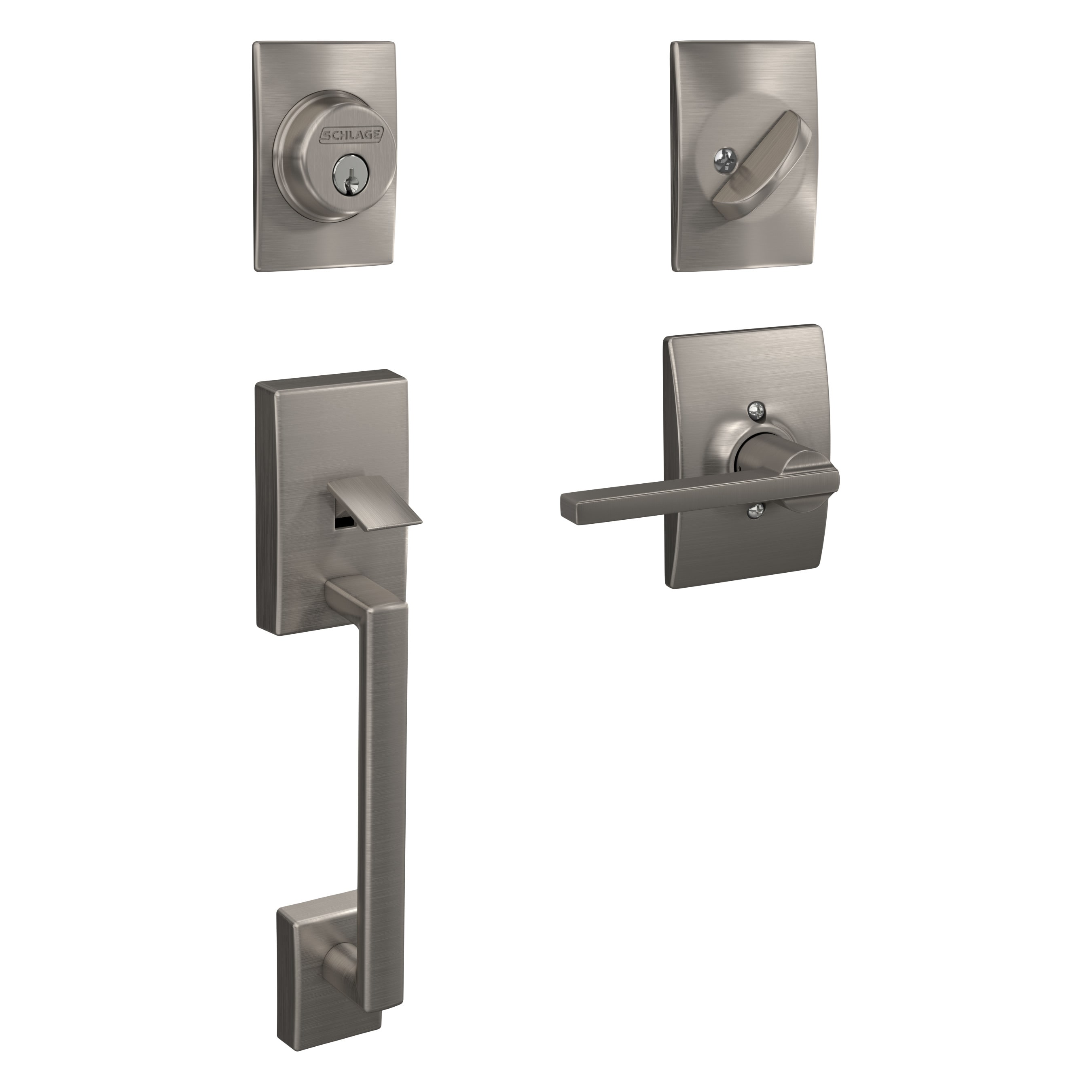 Schlage F60 V CEN 619 LAT CEN Century Satin Nickel Single-Cylinder Deadbolt Keyed entry door handleset with Latitude Lever