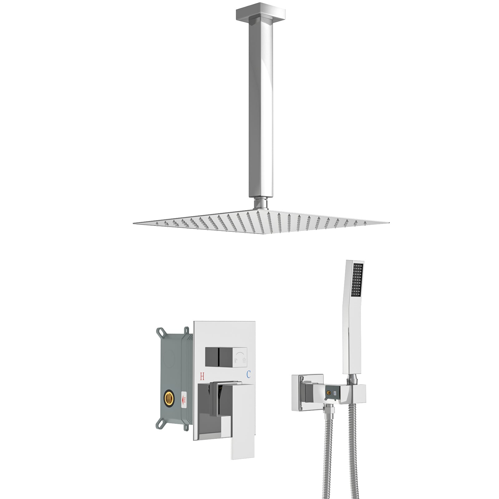 Lordear Ceiling Mounted Hand Shower Head System Chrome Polish 16-in Rainfall Dual Head Built-In Shower Faucet System with 2-way Diverter