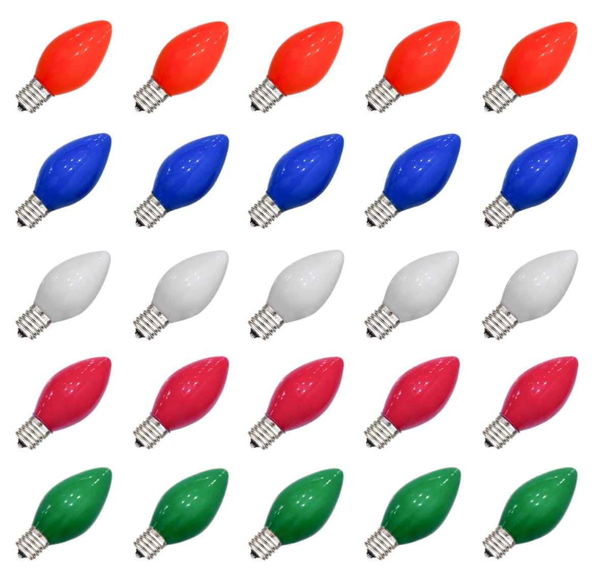 Vrbgify  25 pack C7 Multicolor Christmas Replacement Bulbs Vintage Ceramic Light Bulbs for E12 Candelabra Base 5 Watt Indoor Outdoor String Lights