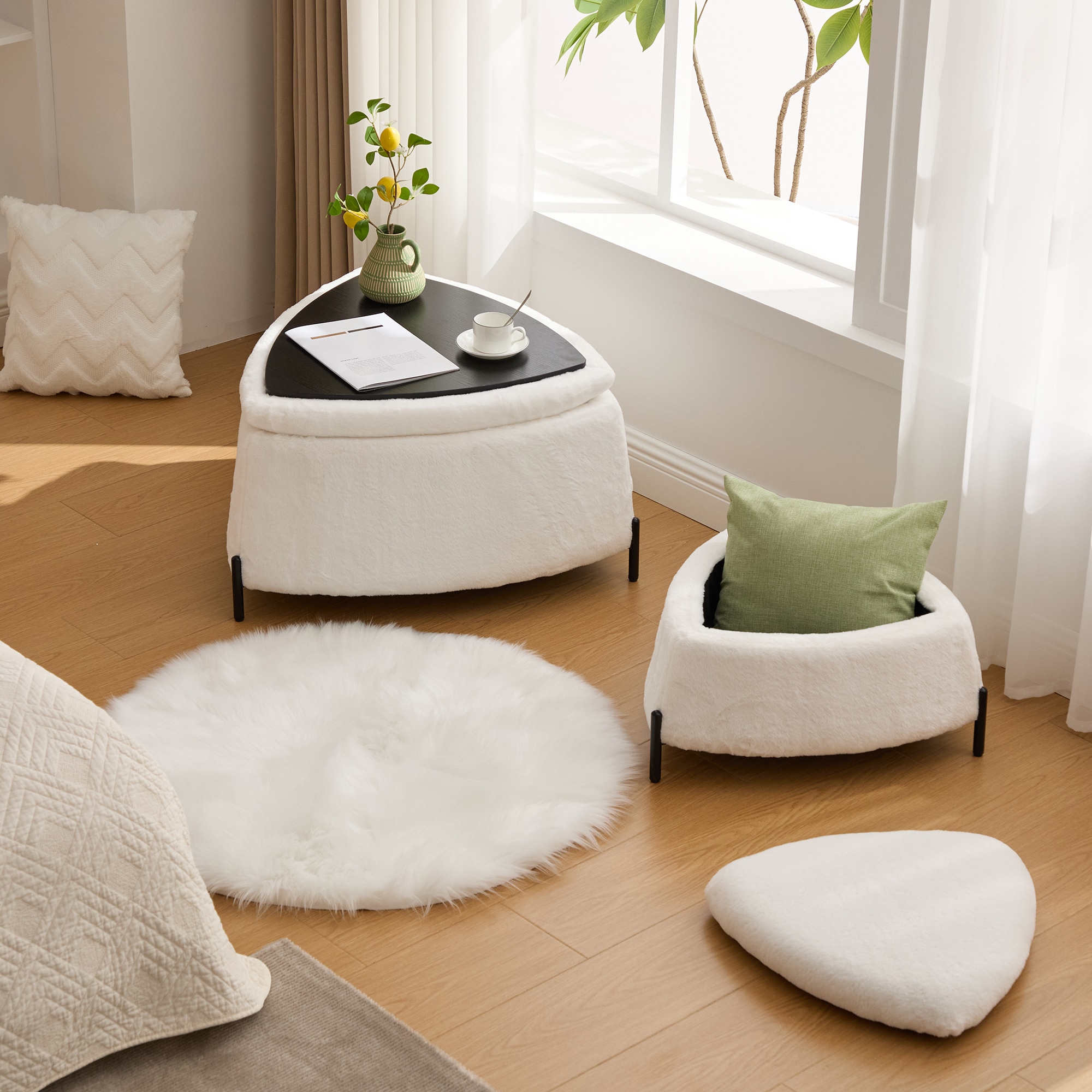 Boyel Living 2-Piece Faux Fur Storage Ottoman Set with Reversible Lid and Metal Legs Footstool and Coffee Table for Living Room Bedroom Entryway Ivory