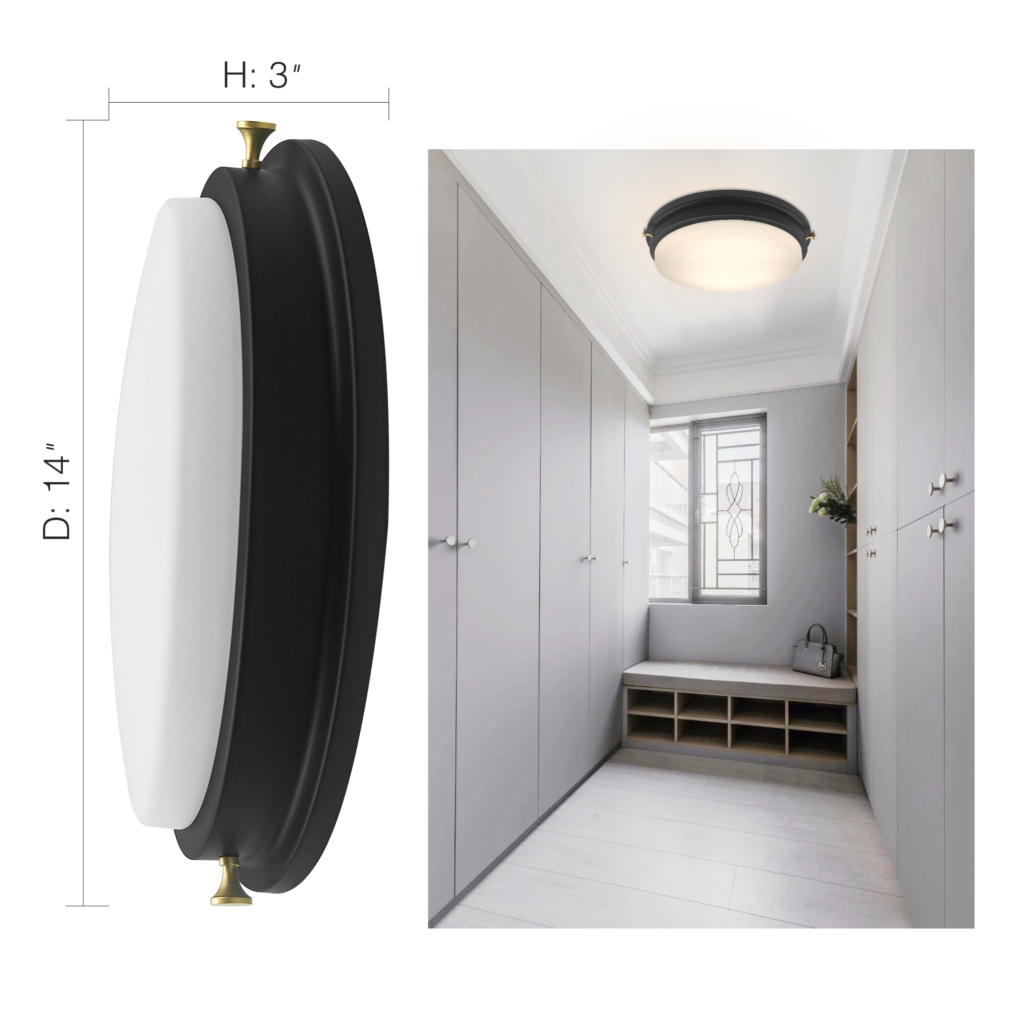 14'' Matte Black LED Flush Mount Ceiling Light with Frosted Glass Shade