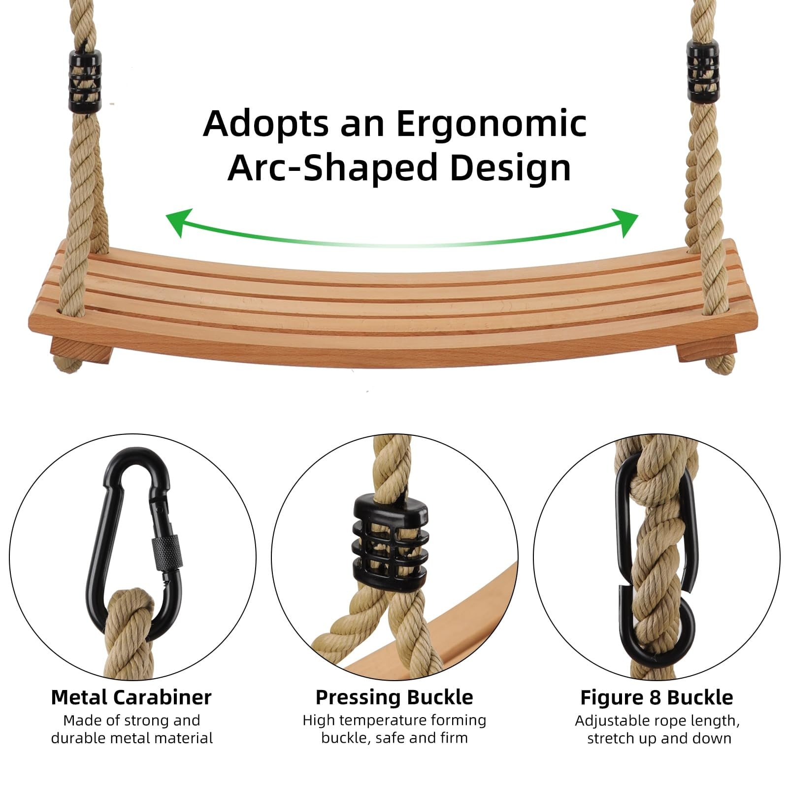 Etokfoks  Natural Beech Wood Hanging Swing Seat with Rope and Buckles 22 8in x 9 8in 440lb Indoor Outdoor