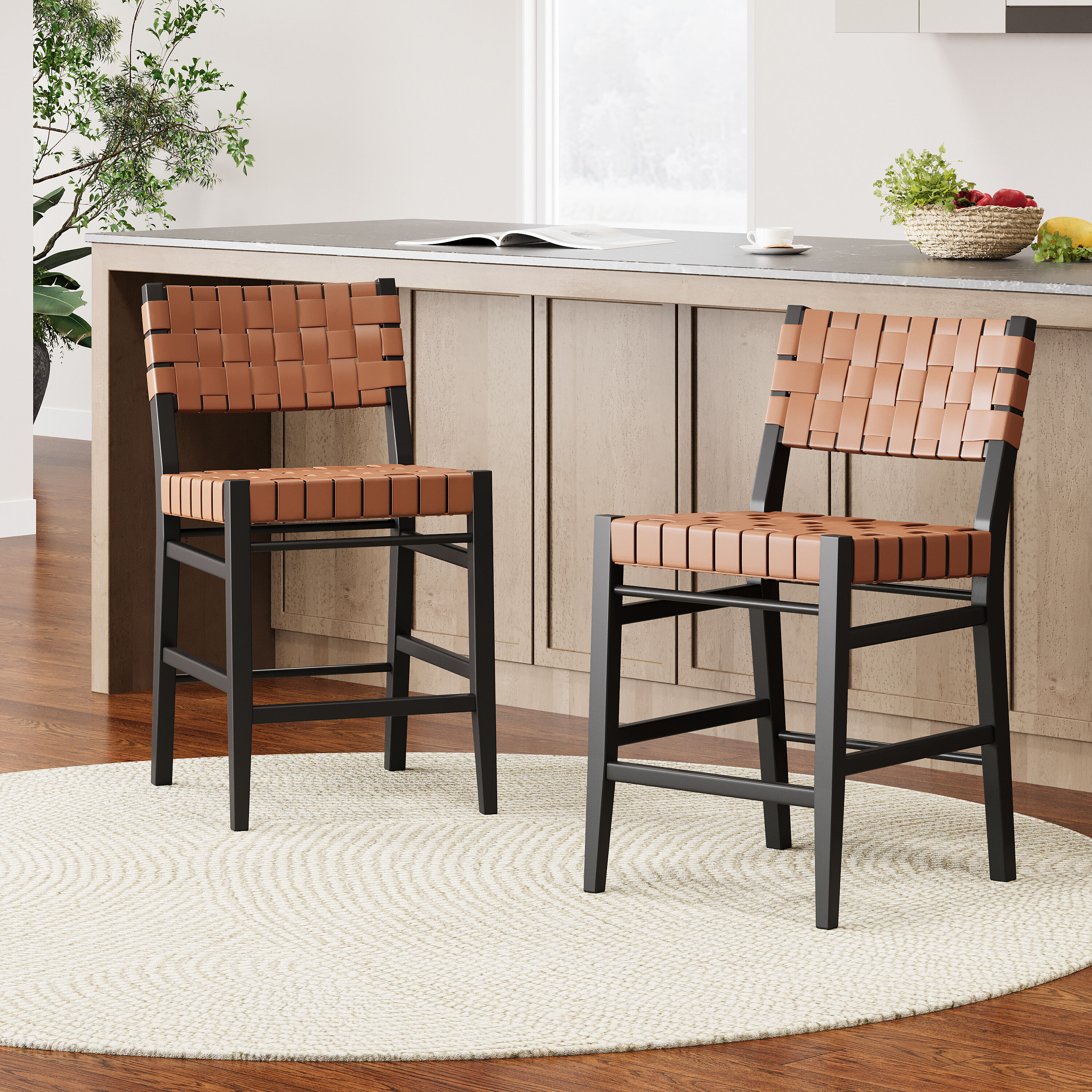 ModernLuxe L3P-74690.00BRN 24.25inch Classic Counter Stools Set of 2Brown PU Counter Stools with rubberwood FrameLeather crosswoven back and seat surfacesuitable for KitchenBedroomDining Room