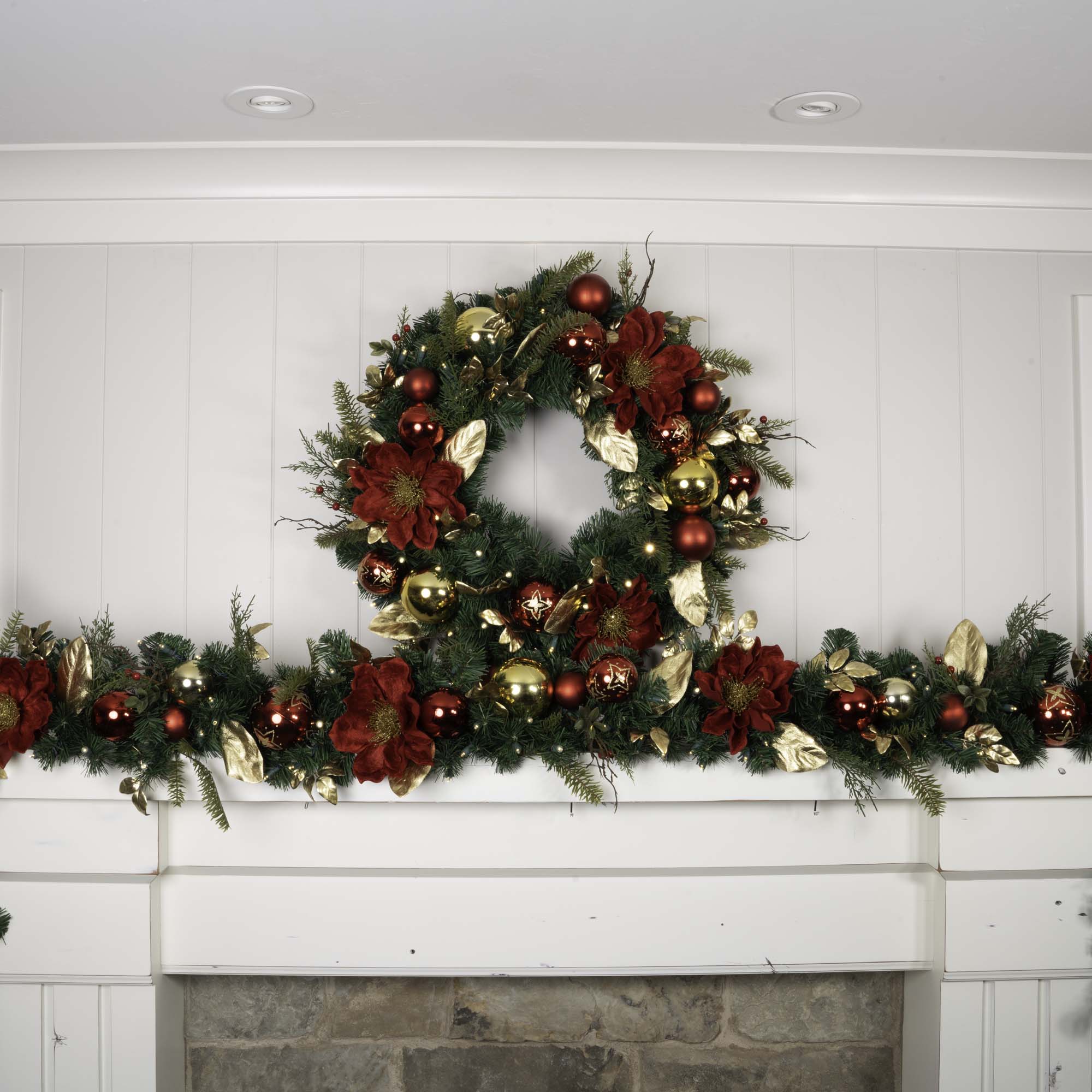 Golden Leaf Red Magnolia 30'' Artificial Christmas Wreath with LED Lights