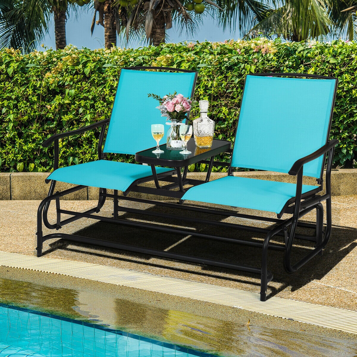 WELLFOR Chy Patio 2-Person Double Rocking Loveseat Set of 2 Black Steel Frame Rocking Chair with Blue Mesh Seat | CHY-357PSBL