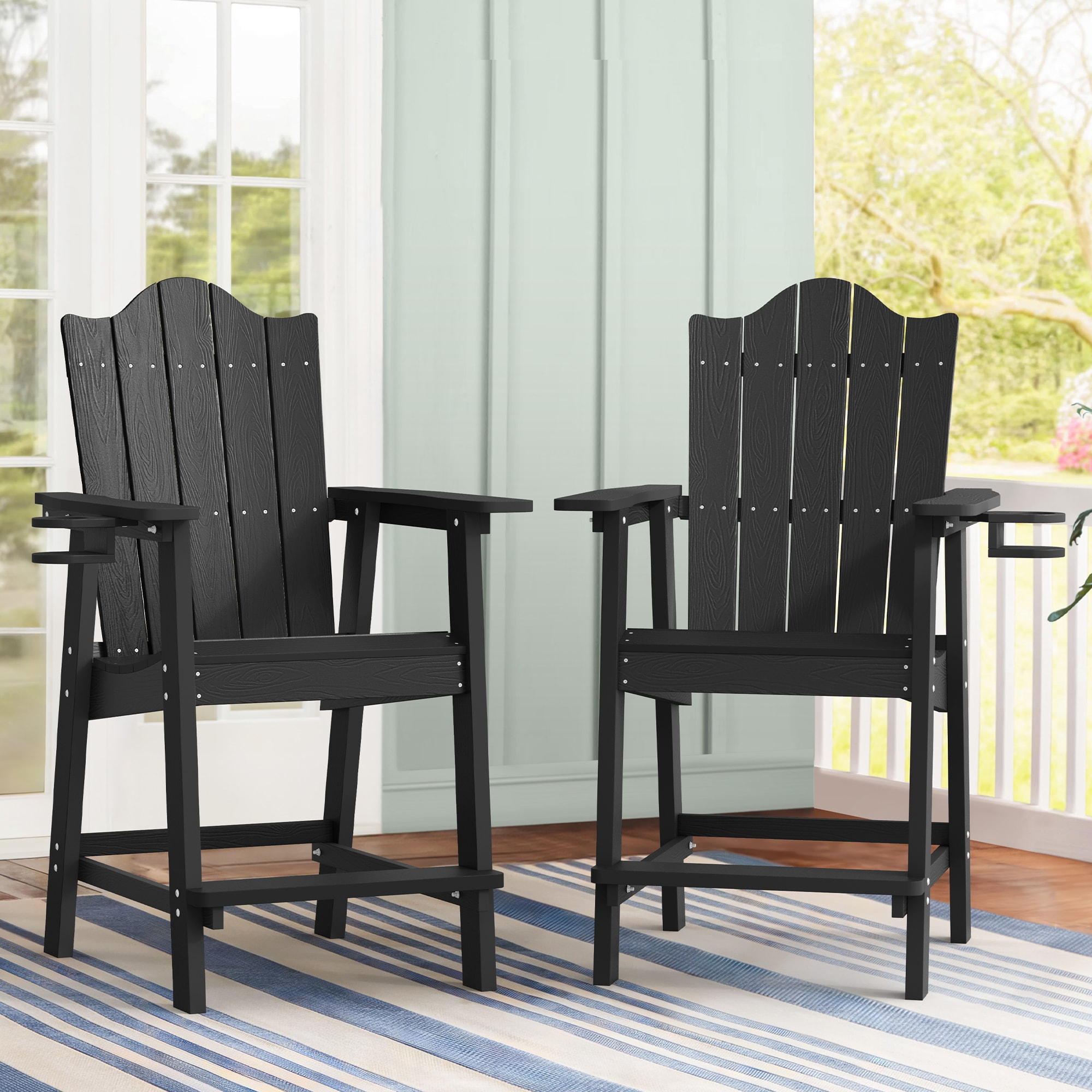 LUE BONA 2LB23PC0010-100LS Set of 2 Black HDPE Frame Spring motion Adirondack Chair with Slat Seat