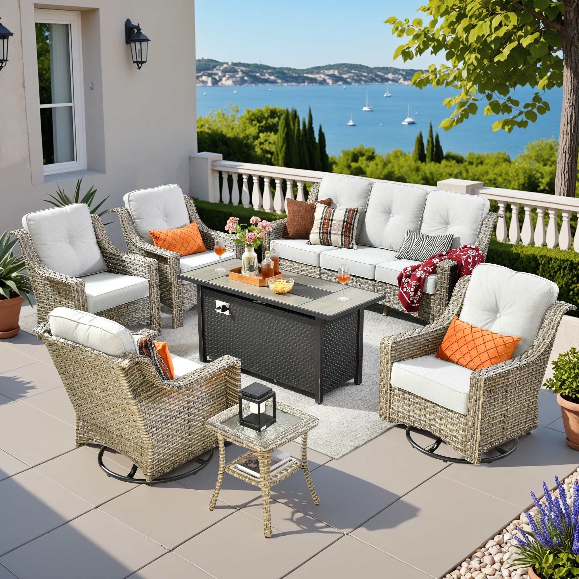 Pouuin SDFPYZPAD406 7 -Piece Wicker Patio Sofa Conversation Set with Light Gray Cushions