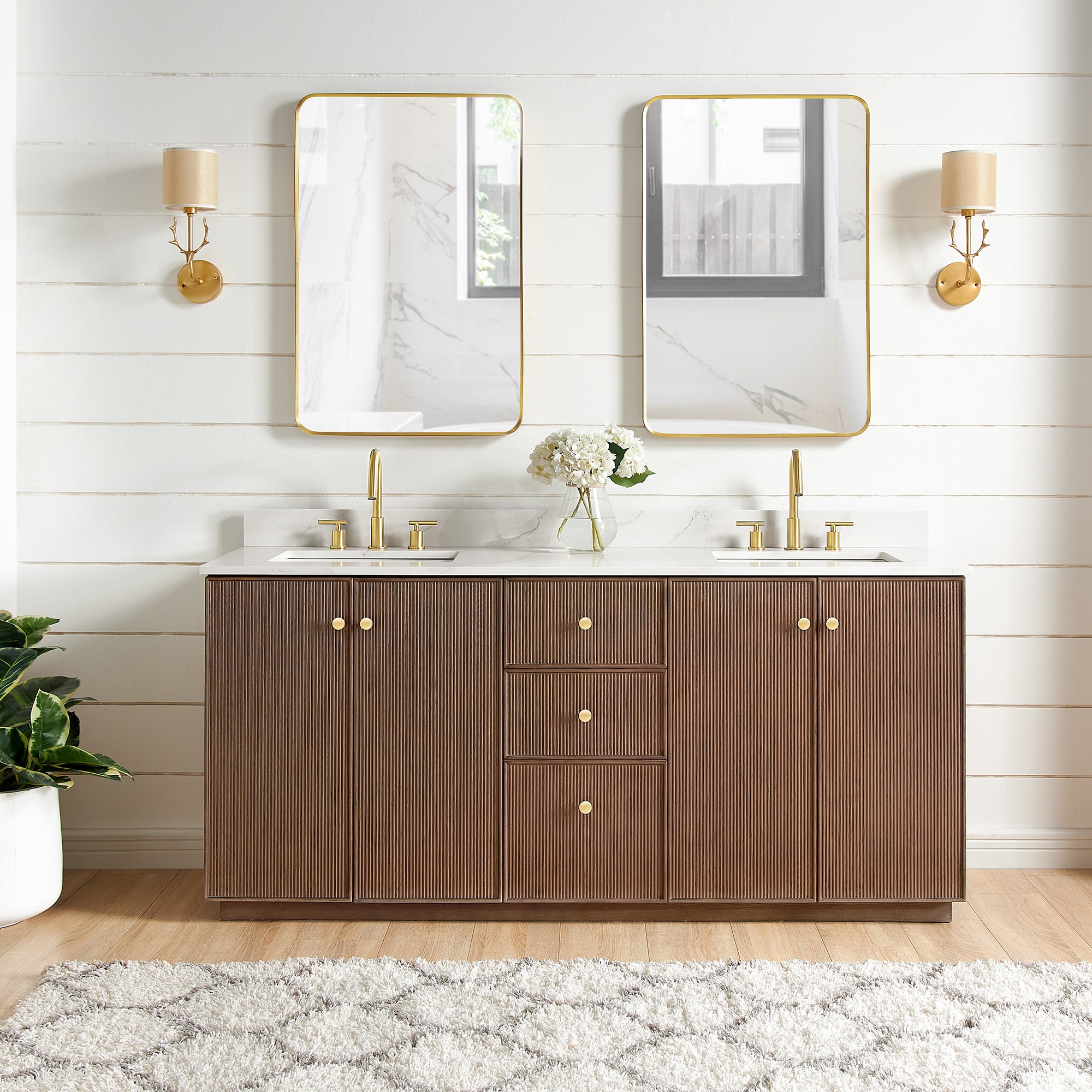 Vinnova 706972-AD-BK Oza 72-in Aged Dark Brown Oak Finish Undermount Double Sink Bathroom Vanity with Fish Maw White Quartz Engineered Stone Top (Mirror Included)