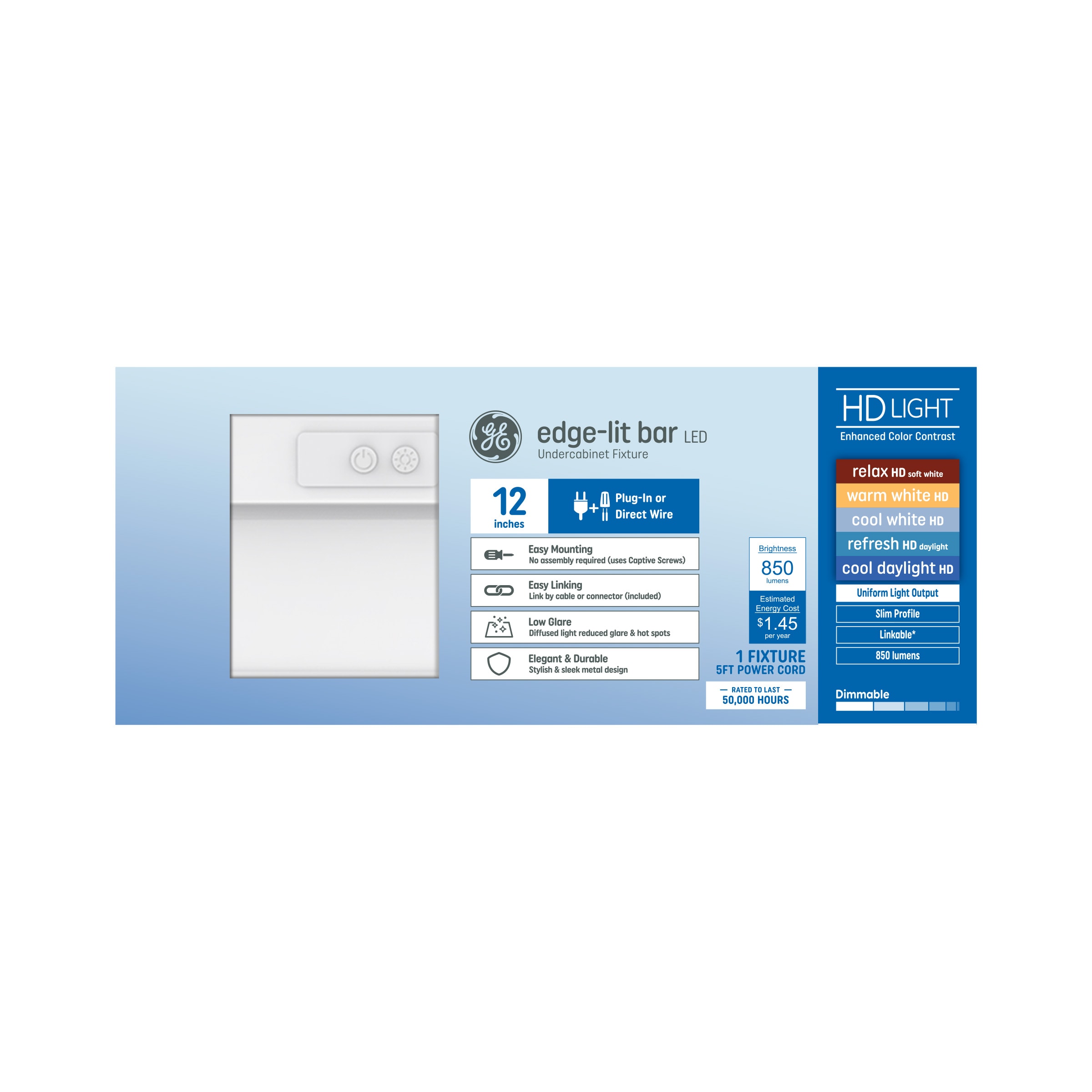 GE 93131736 HD Edge-Lit Undercabinet Hardwired/Plug-In 12-in Hardwired/Plug-in LED Under Cabinet Light Bar