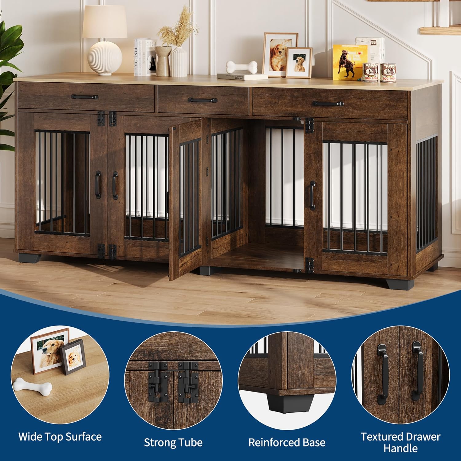 Garvee 71Inch Indoor Pet Crate Furniture for 2 Dogs with 3 Storage