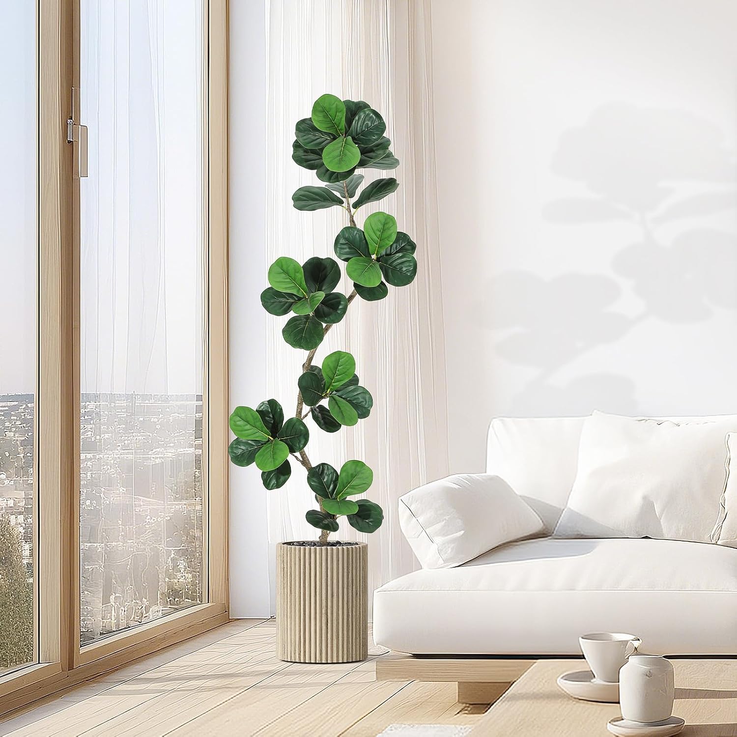 Qeetex DHZ-PHK-34W98GF5 Fiddle Leaf Fig Artificial Tree with White Planter 6ft Faux Plants Indoor with Moss Fake Rubber Tall Fake Floor Plant in Pot - Artificial Trees for Home Office Living Room Decor