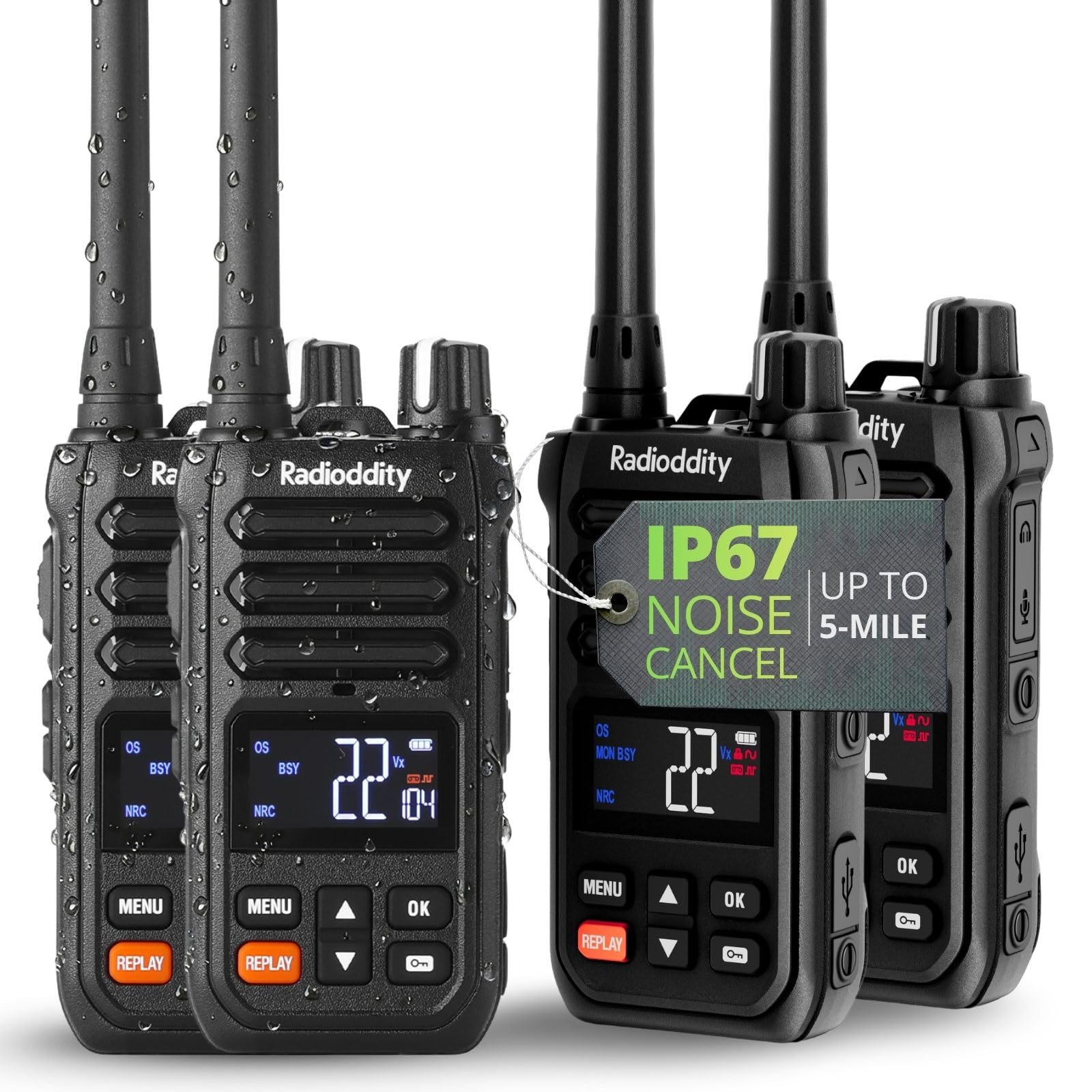 Radioddity  X1 IP67 Waterproof FRS Walkie Talkies 4 Pack - Noise Reduction Long Range Two Way Radios with NOAA Scan Alert Record Replay VOX SOS for Hiking Hunting Backcountry