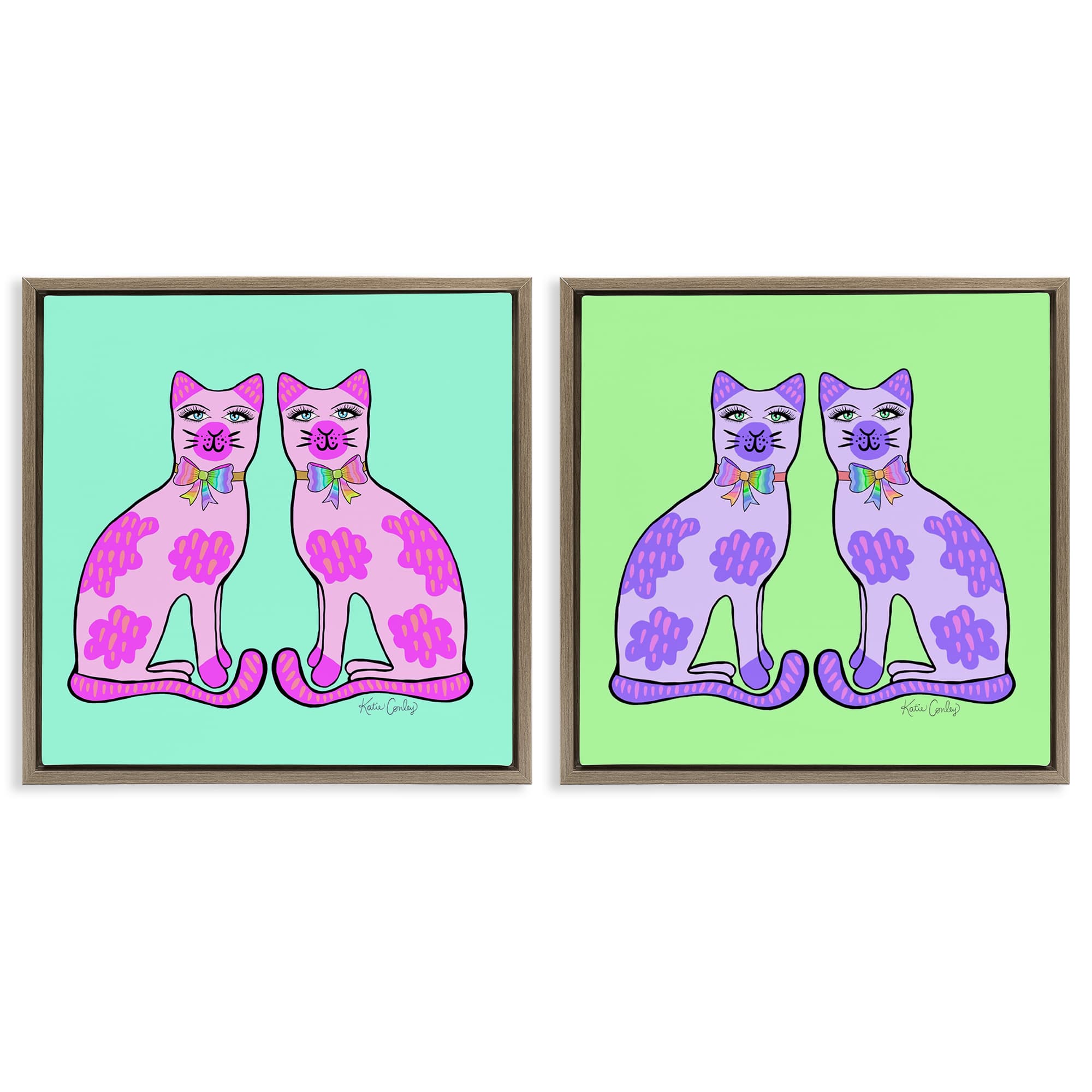 Stupell Industries B2-794-FFE-2PC-17X17 Bright Purple Cat Pairs 2pc Floating Frame Set design by Katie Conley