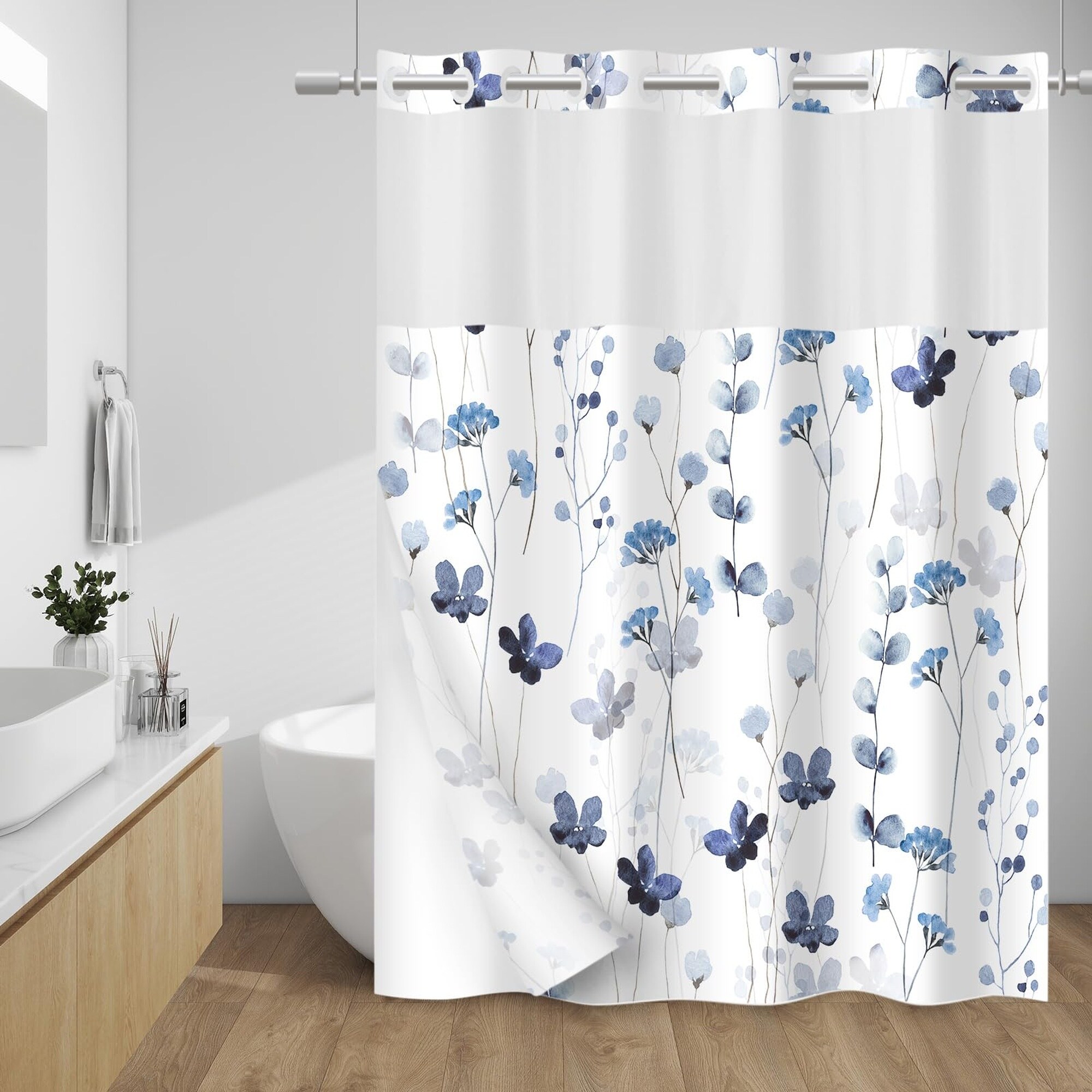 Wudkey 71 x 74 Inch Fabric Shower Curtain with Snap-In Liner No Hook Water Repellent Floral Bathroom Curtain Set