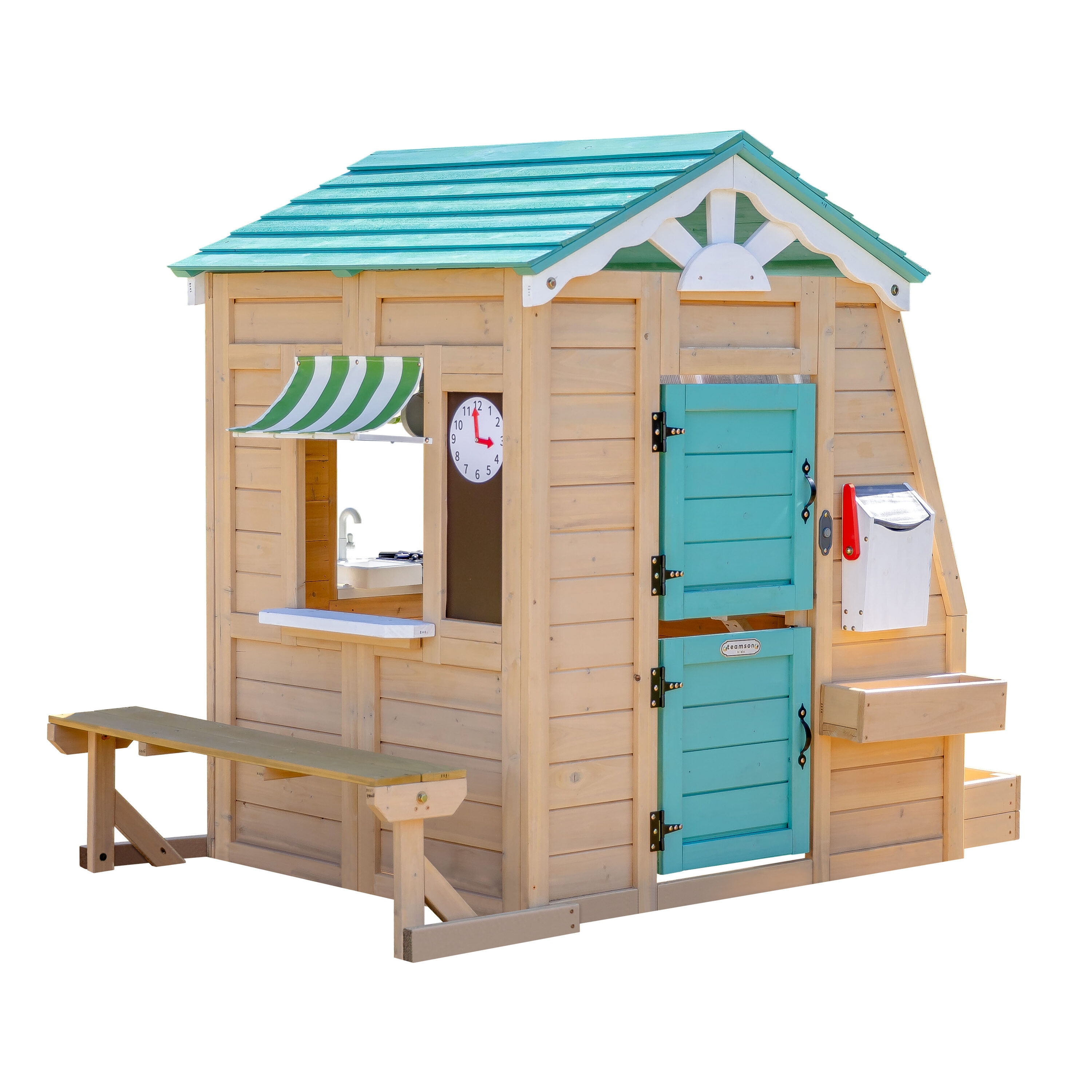 Teamson Kids Green Pretend Kitchen Included Outdoor Wood Playhouse #T-OD-0063-00A