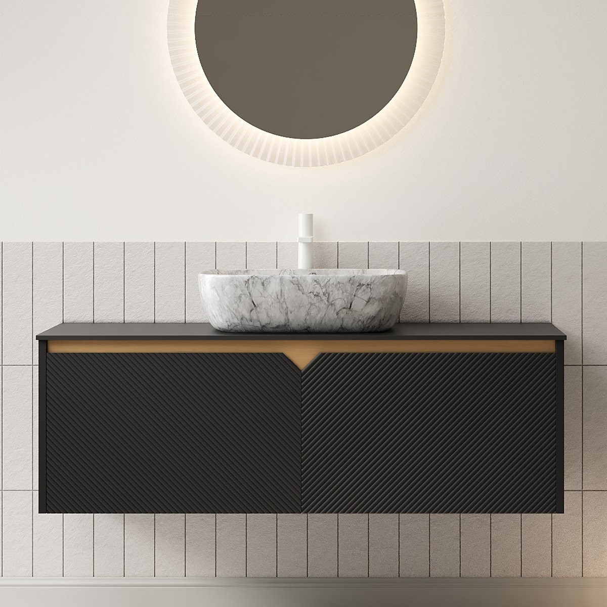 Dexmalle W2615S00324 48-in Black Wall-mount Single Sink Bathroom Vanity with White Sintered Stone Top and Vessel Sink