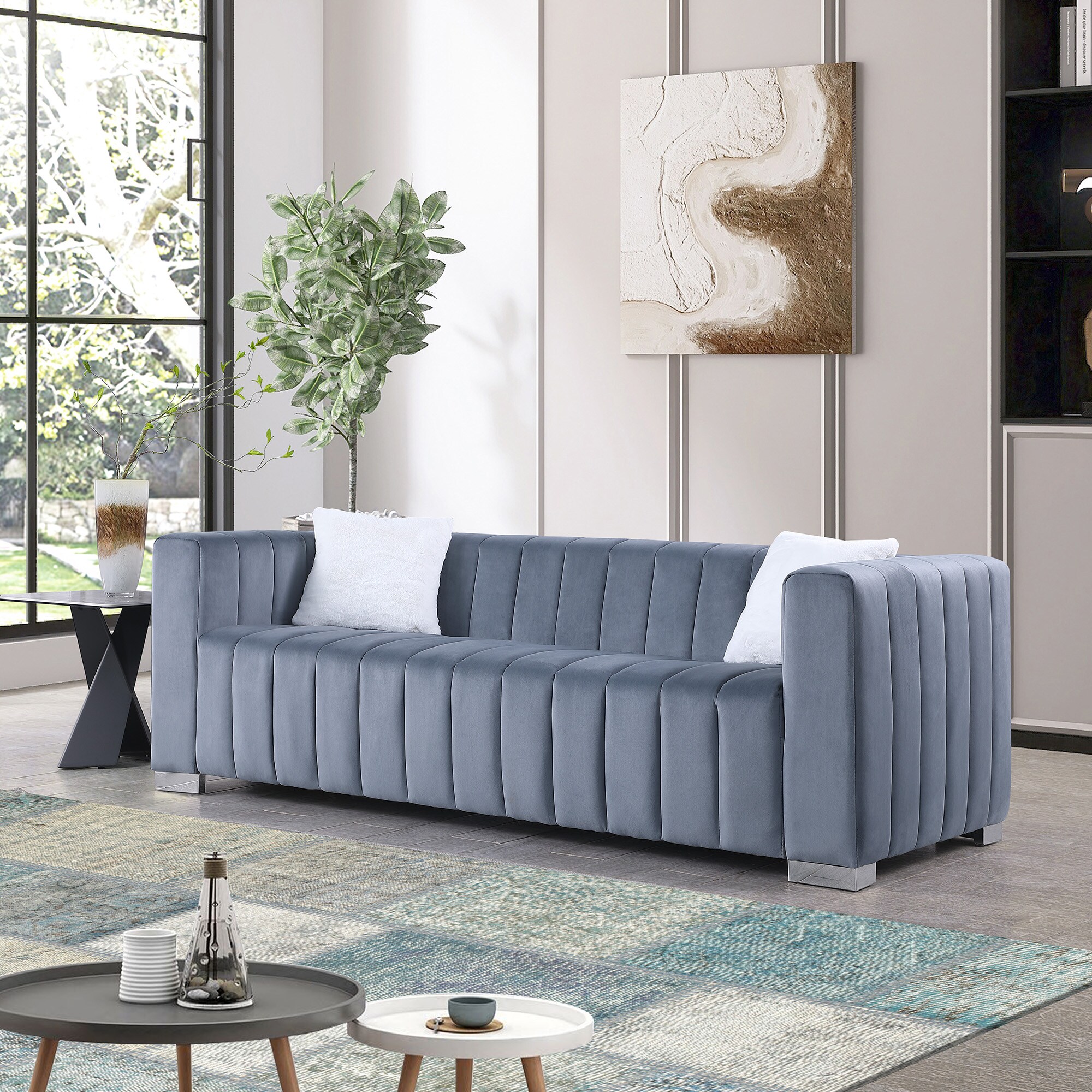 Clihome Pull-Out Sofa-Bed 60-in Modern Light Gray Velvet 3-seater