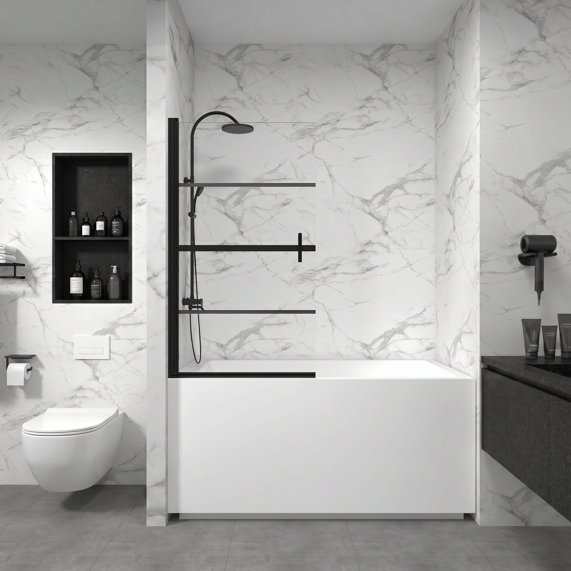 Vynxaria 31.5-in W x 55-in H Pivot Bathtub Door with Clear Tempered Glass in Black #393760