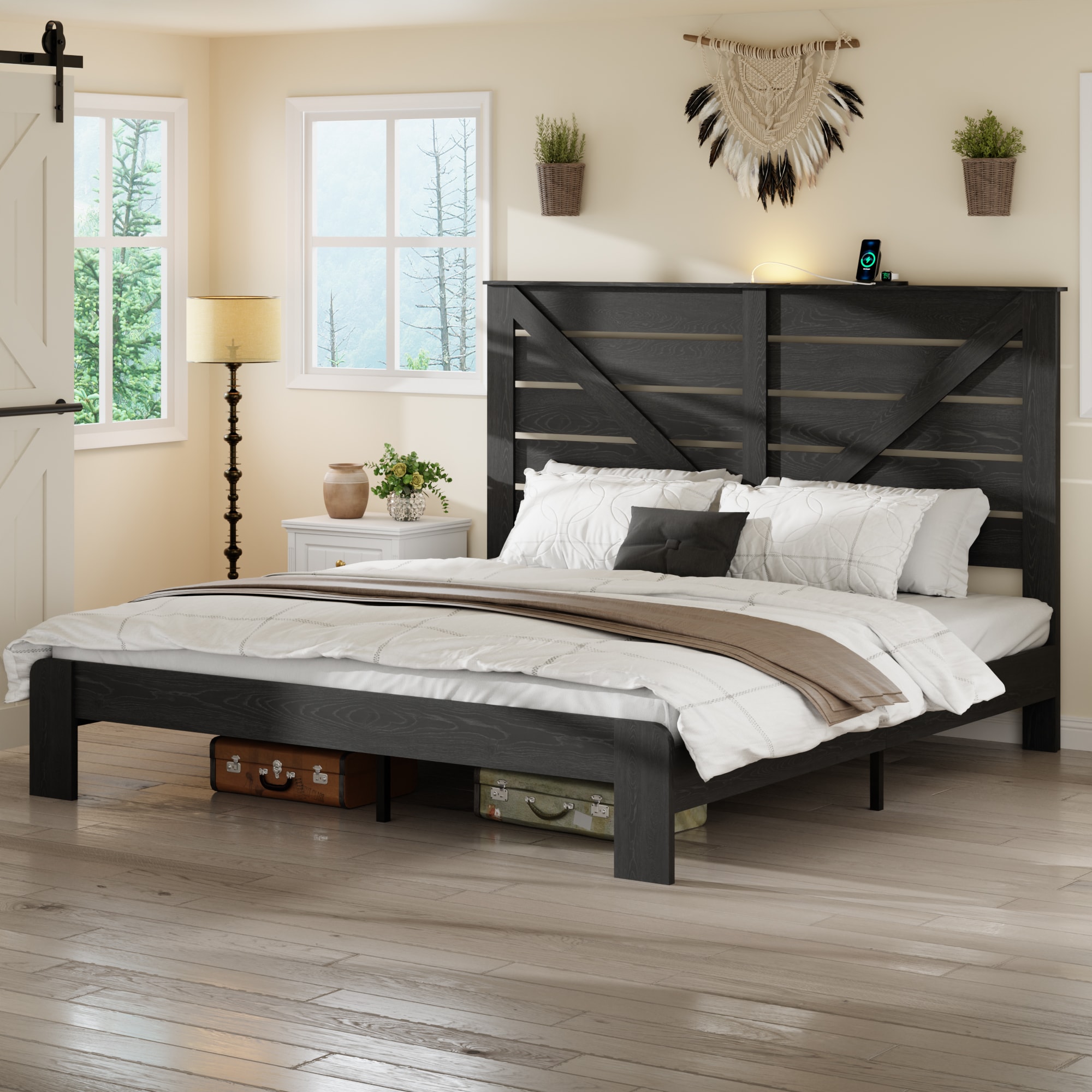 Hrinhom Full BLACK Wood 4-Poster Bed with Headboard