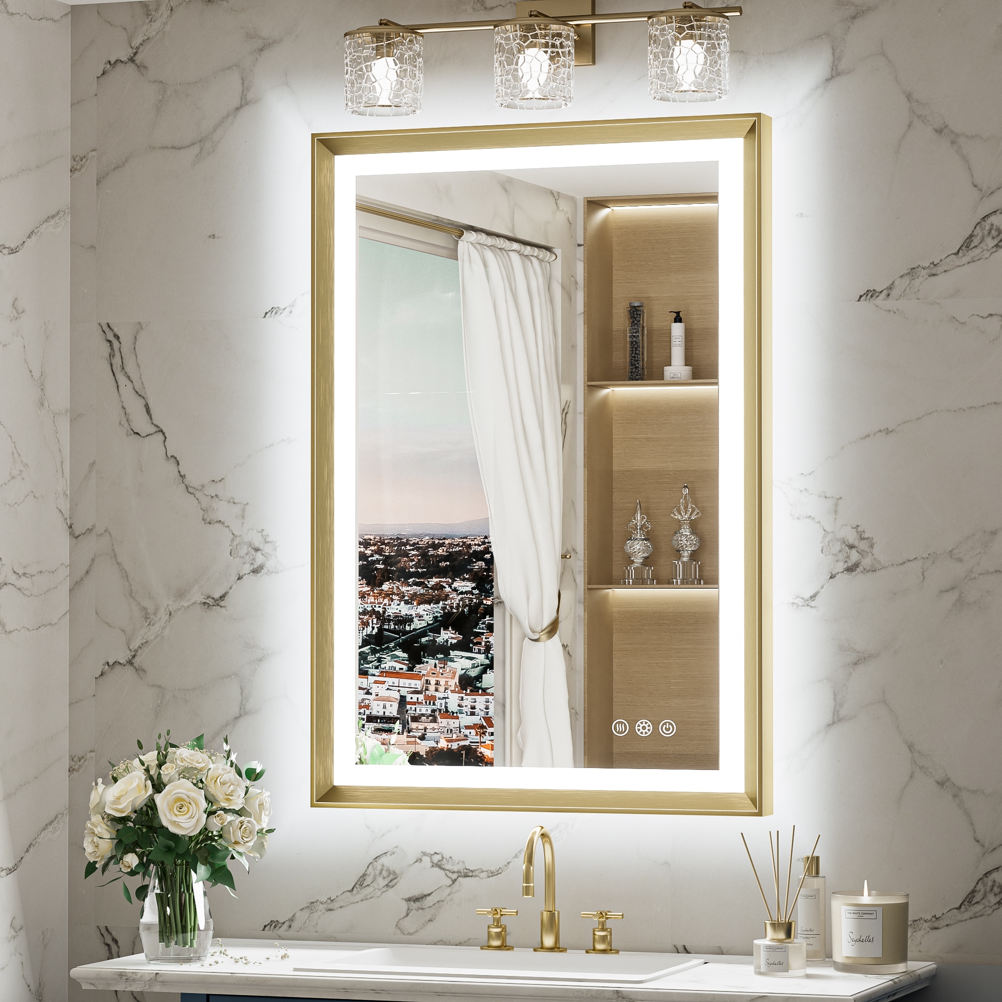 Keonjinn LW-ZBGSSW-6191GD 24-in x 36-in Framed Rectangle Dimmable LED Lighted Fog Free Bathroom Vanity Mirror ( Brushed Gold )
