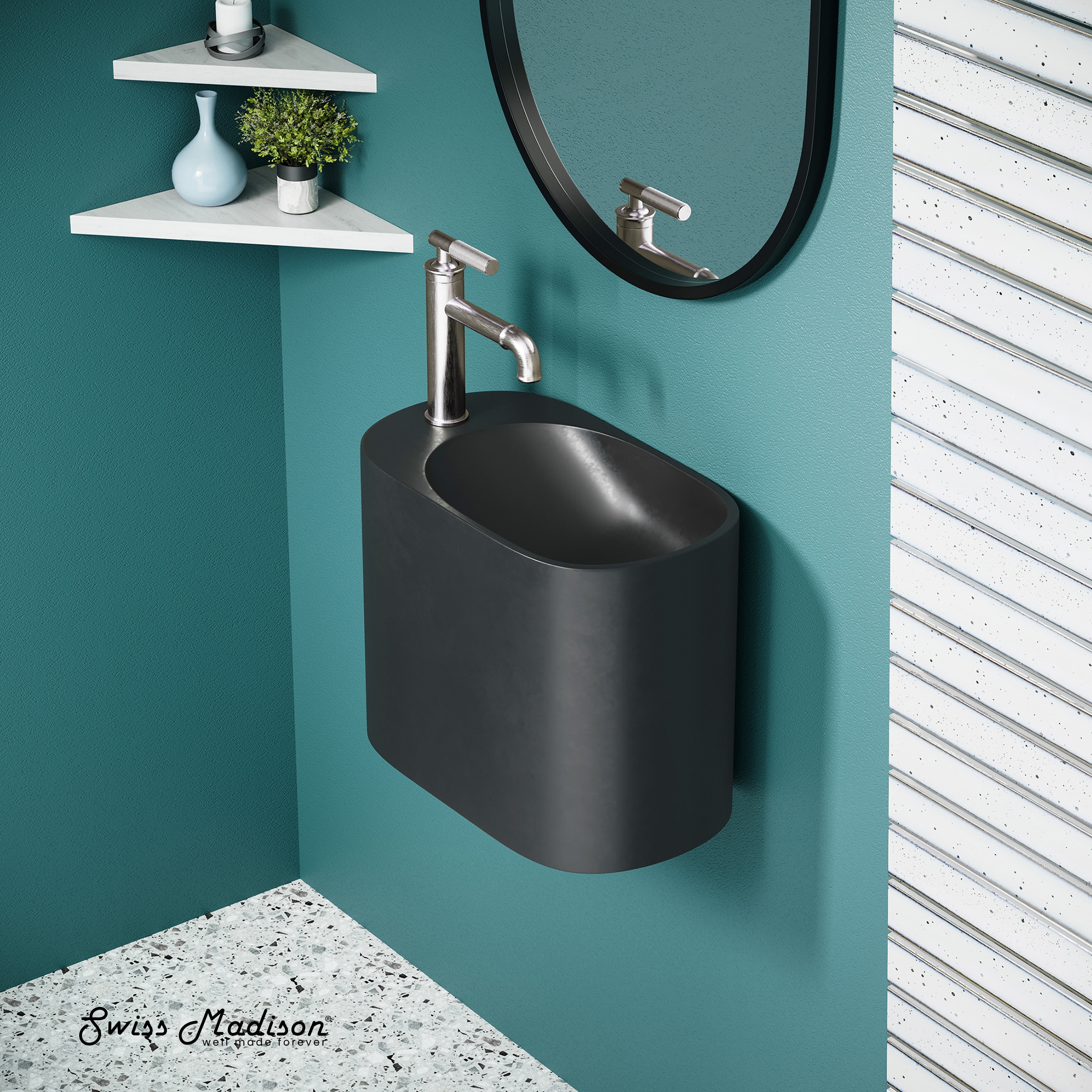 Swiss Madison SM-25-WSARE02MB Arezzo Stone 18-in Wall-mount Oval Modern Matte Black Bathroom Sink