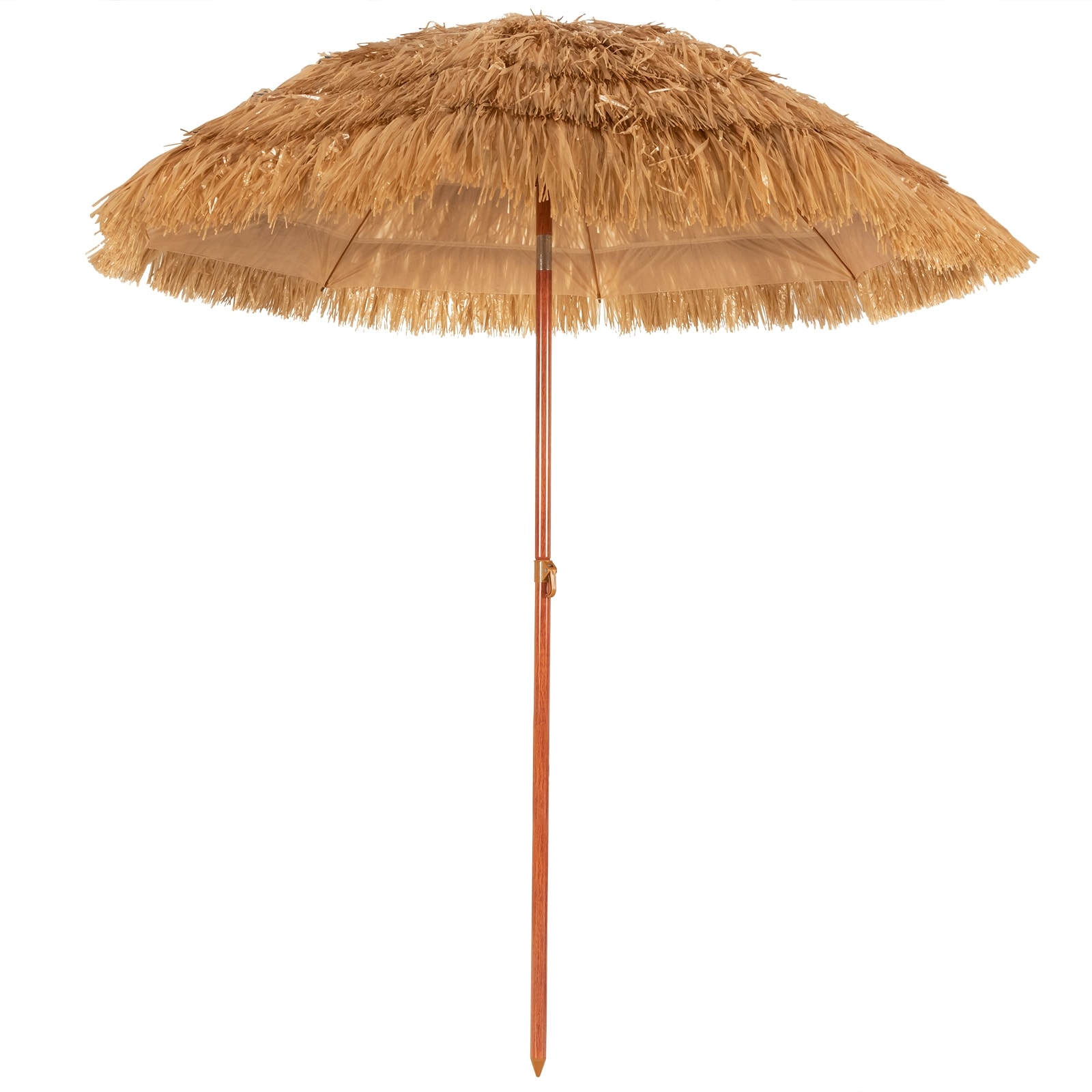 Slickblue - 6.5-ft Khaki Outdoor Beach Umbrella with Faux Thatch Cover Iron Frame and Foldable De...
