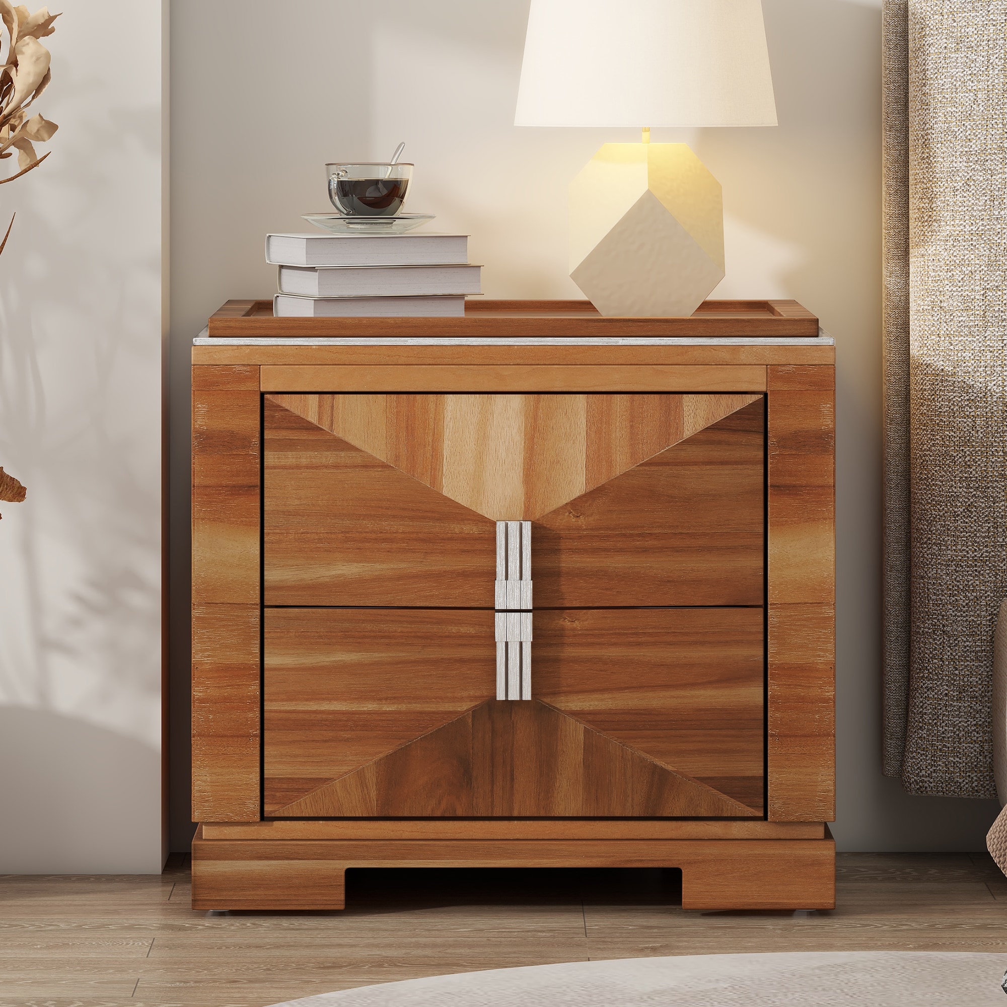 ModernLuxe Mid-Century Modern Nightstand 2 Drawers Wide Sofa Side TableWood Diamond Shaped End Table with StorageCloset with Heavy Duty BaseSmall Bedside Table for BedroomLiving RoomEntrance Light Brown