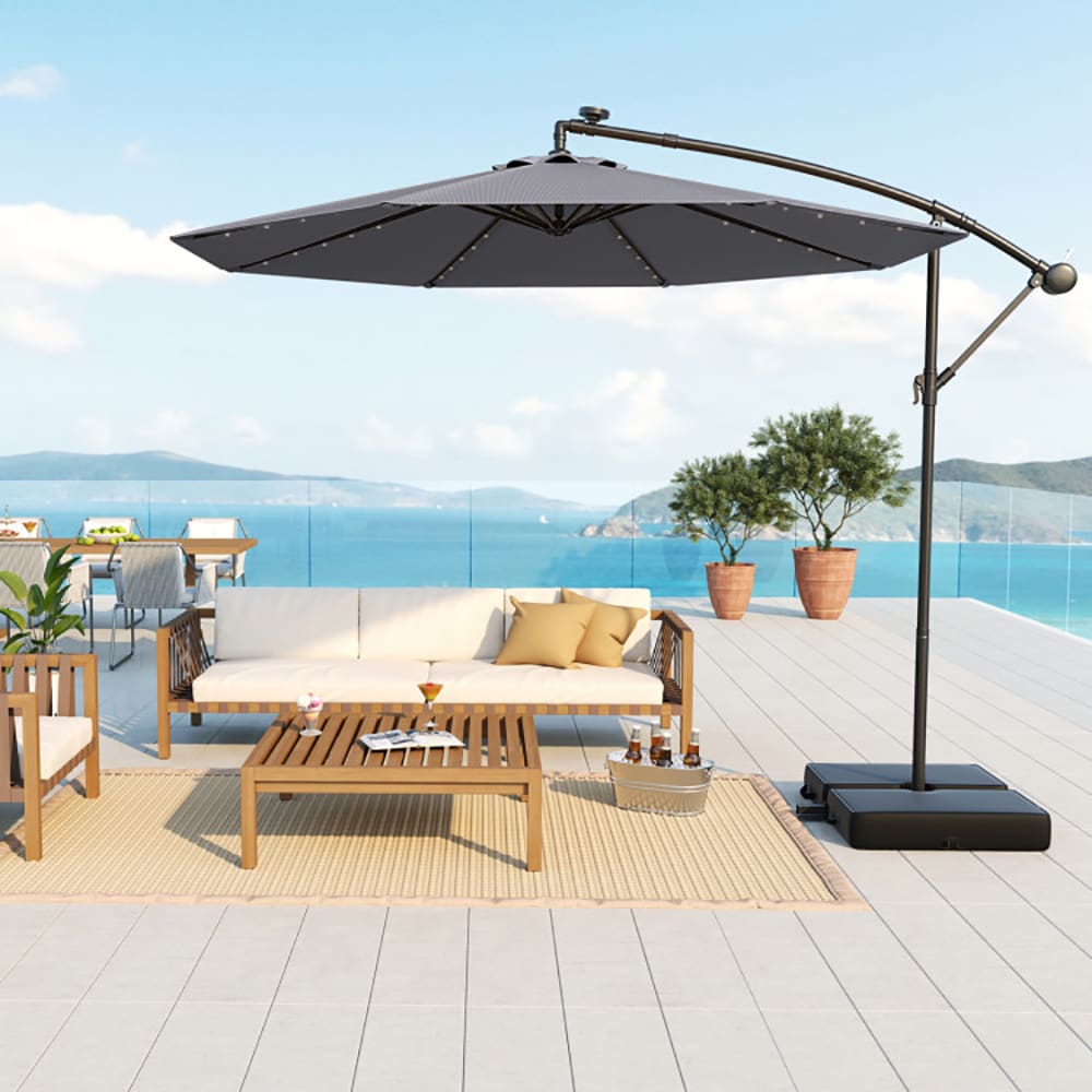 Sumyeg YH-OB-OTU009WH 10-ft Steel Gray Push-button Tilt Cantilever Patio Umbrella with Lights