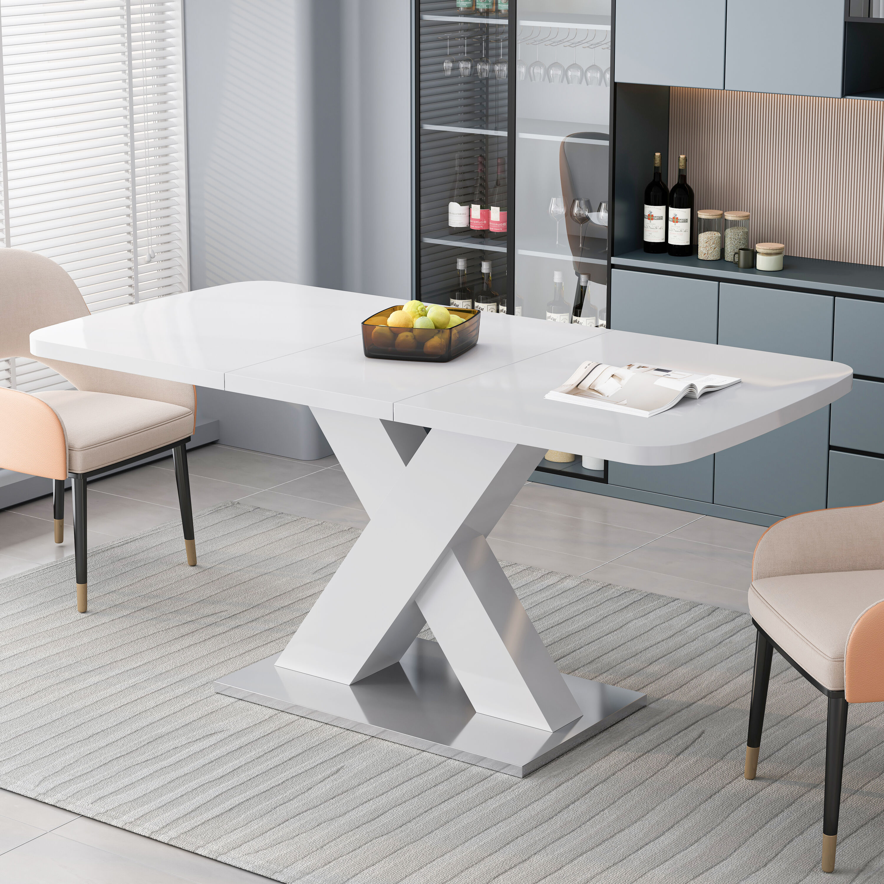 LOVMOR SF-WO-W757S00019 Modern Square Stretchable Dining Table White Top MDF Legs Metal Base
