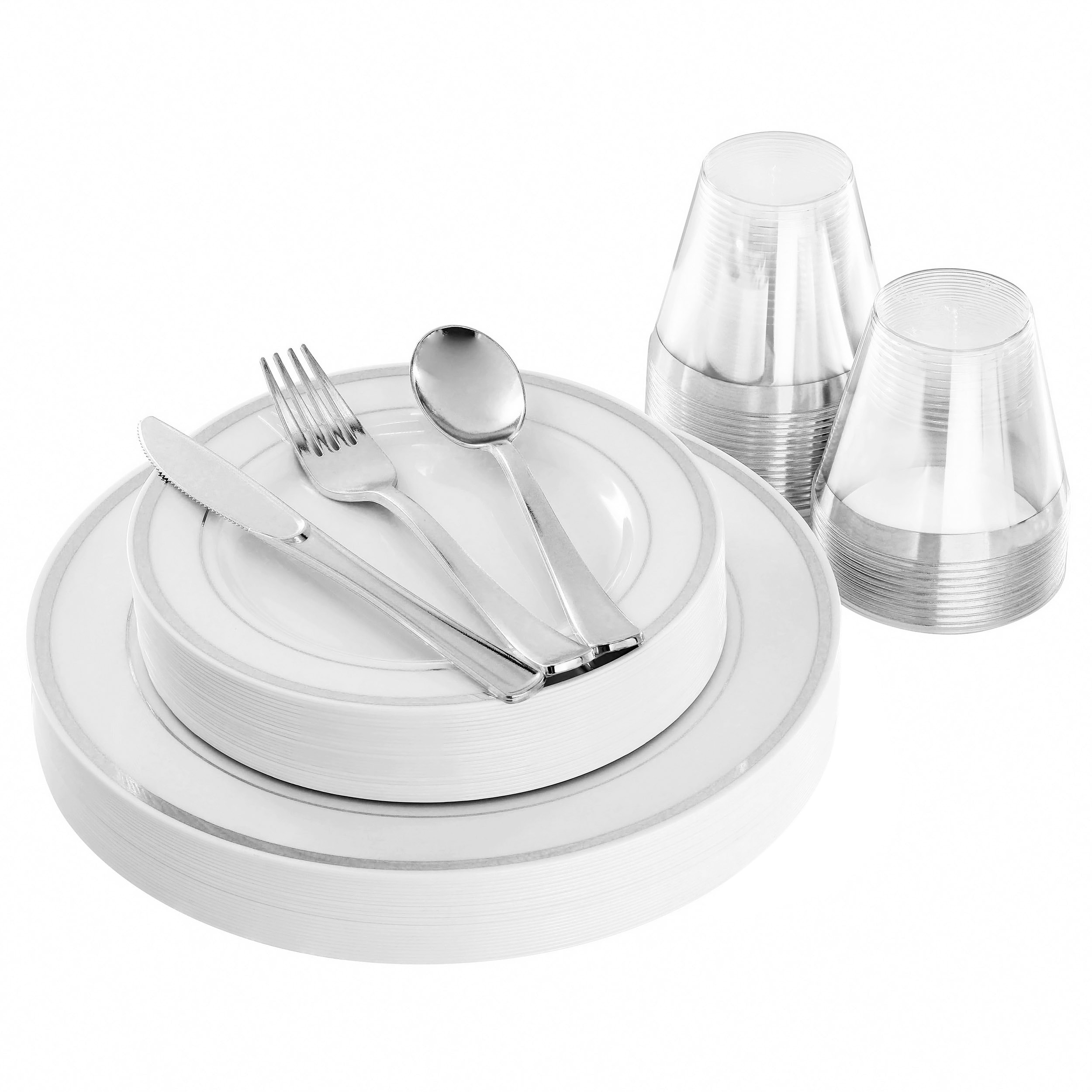 Elama  150 Piece Disposable Plastic Dinnerware Party Set for 25 Guests in White with Silver Trim
