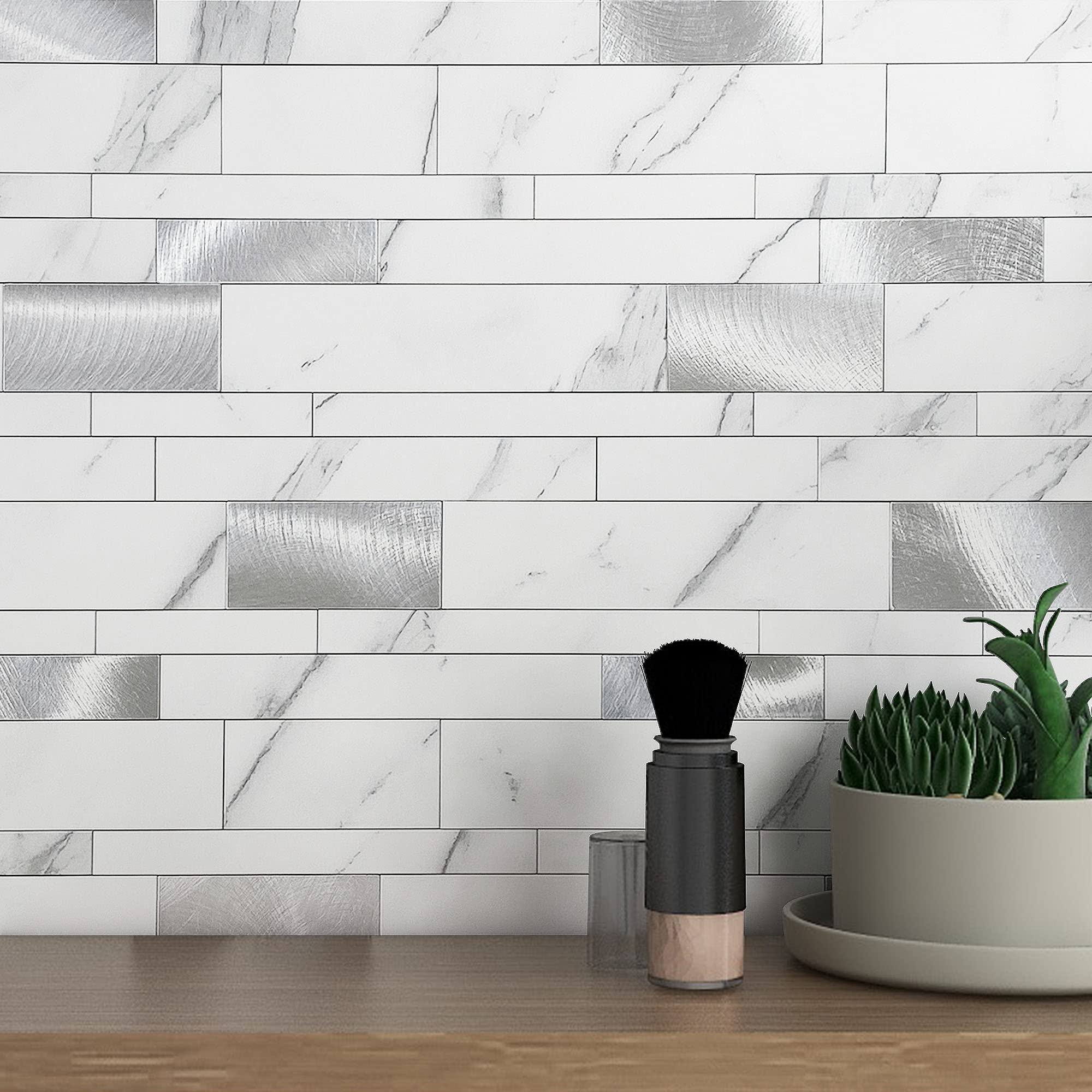 Misopily  Peel and Stick Kitchen Backsplash Panels White Stone Subway Tile 10 Pieces Waterproof Heat Resistant Wall Covering