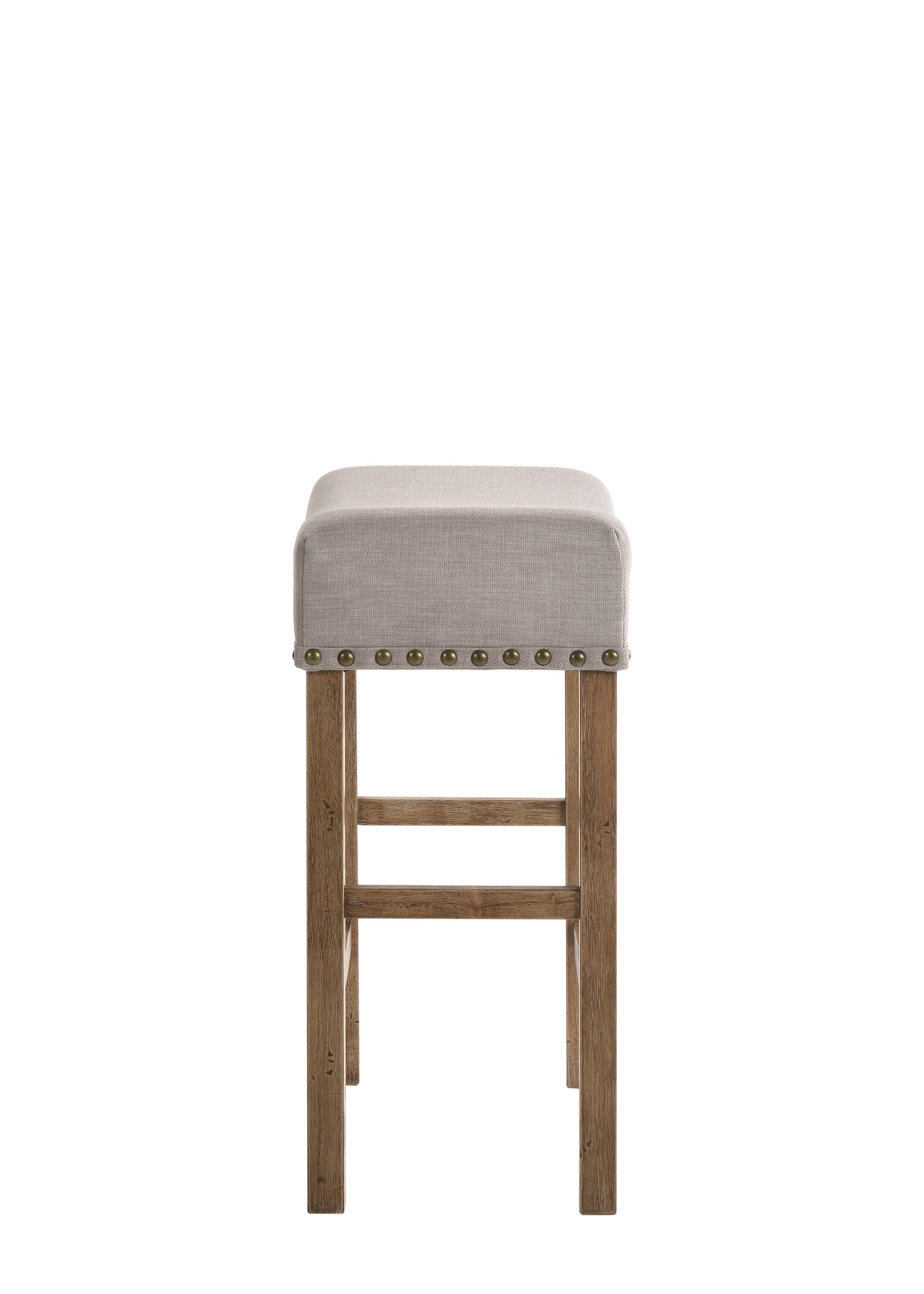 Tan Linen and Weathered Oak Backless Saddle Counter Stool