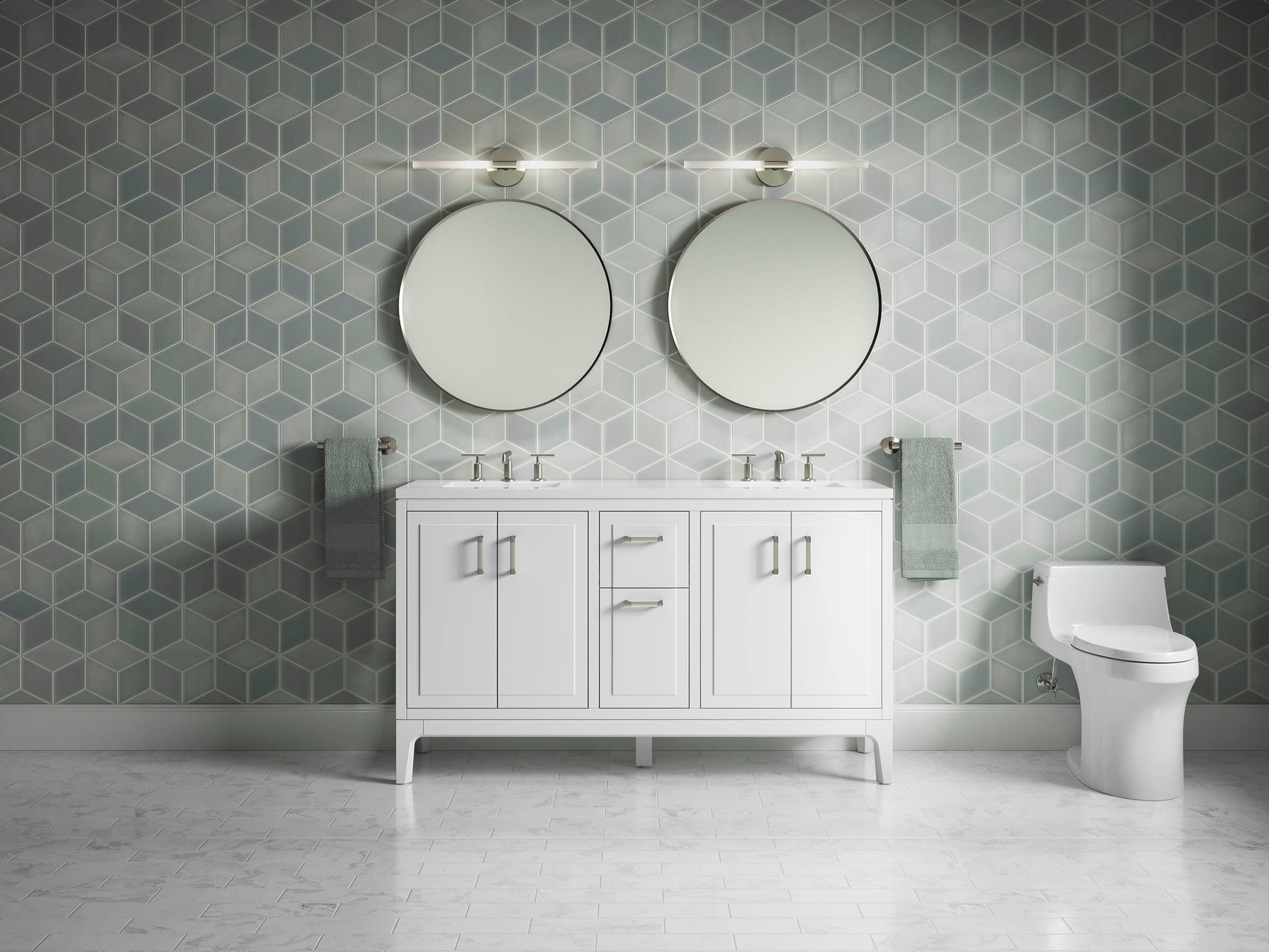KOHLER 33555-ASB-0 Seer 60-in White Undermount Double sink Bathroom Vanity with White Quartz Top