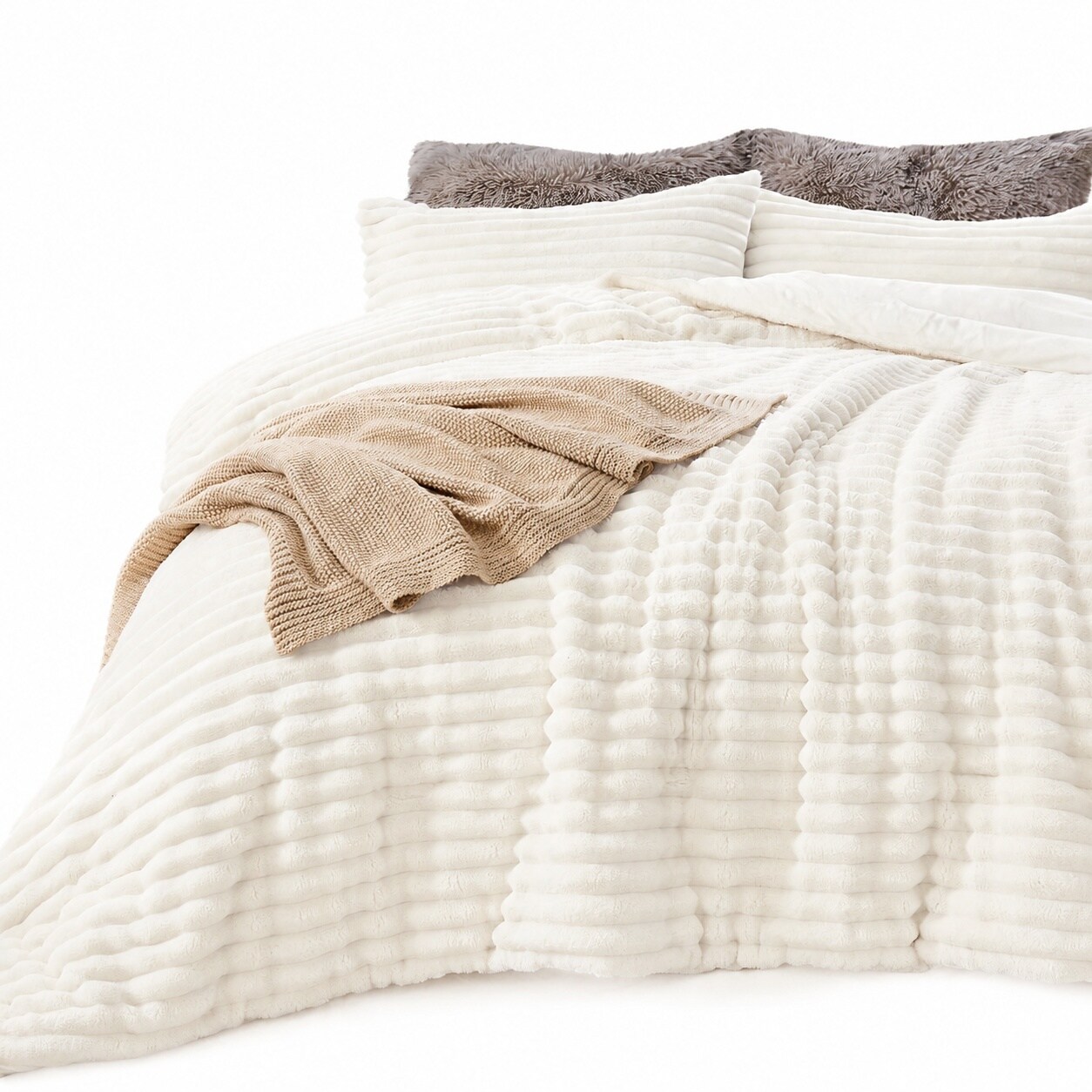 Etokfoks  Cream White Queen 3 Piece Faux Fur Fleece Comforter Set with 2 Pillow Cases for Cozy Bedroom Comfort