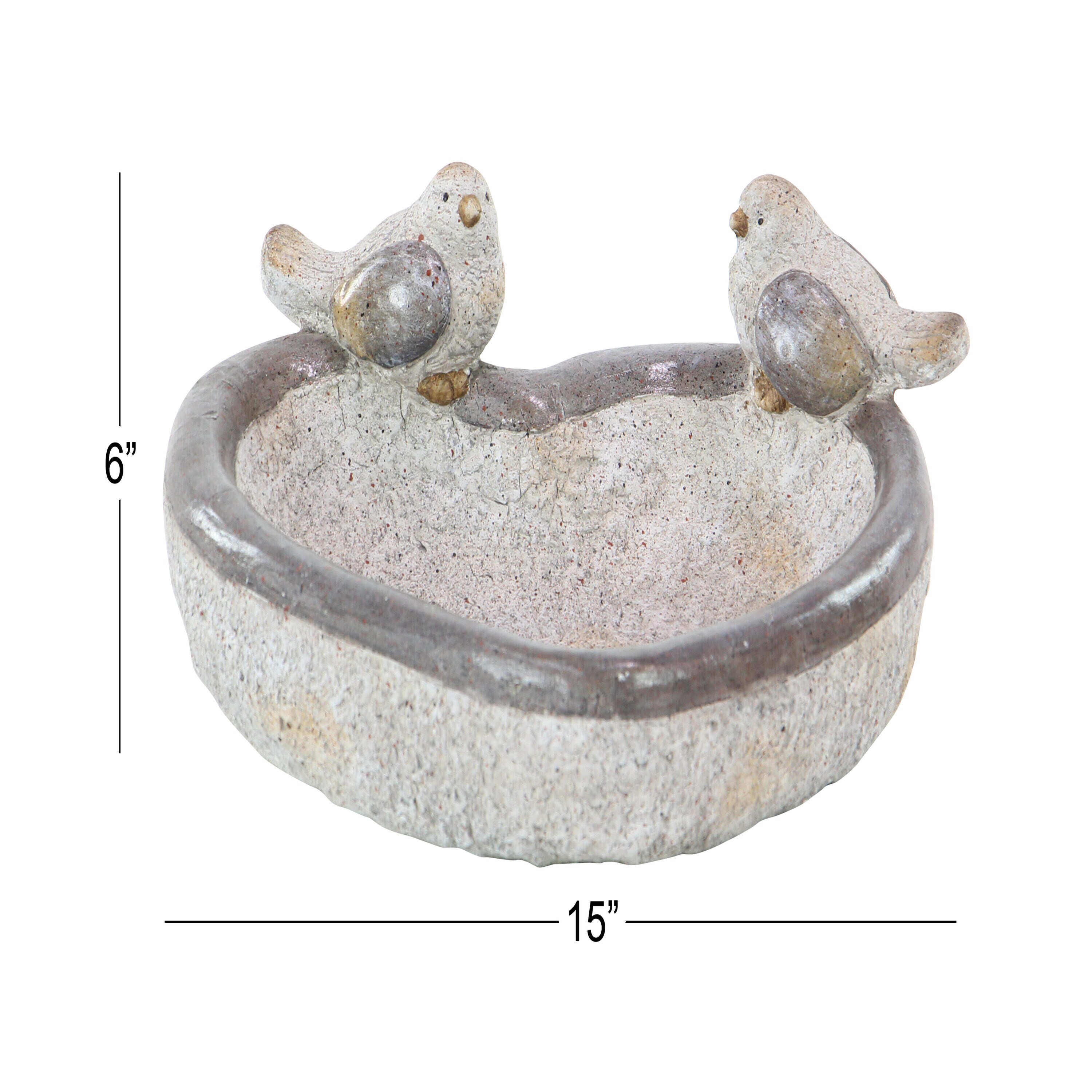 Gray Polystone Bird Garden Sculpture with Bath Bowl