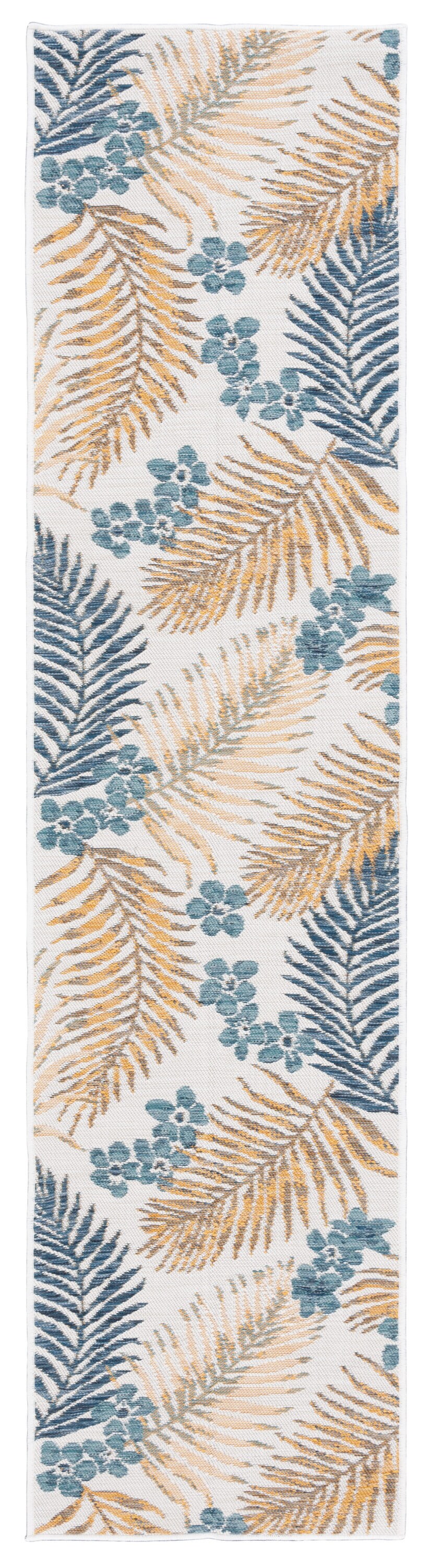 Safavieh SUN675A-28 2 x 8 (ft) Loomed Polyester/Polypropylene Ivory/Blue Gold Rectangular Indoor/Outdoor Floral/Botanical Mid-Century Modern Runner rug