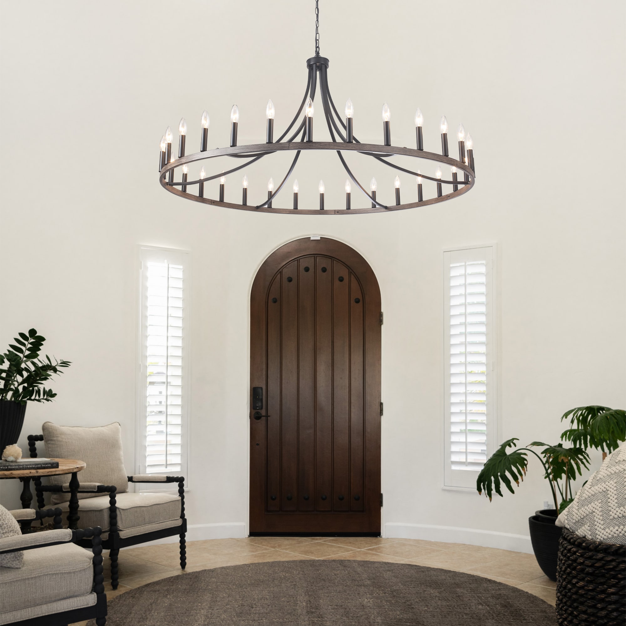 Zjvaive 51.96-in Large 30-Light Black And Brown Modern Farmhouse Wagon Wheel Candle Bare Bulb Chandelier