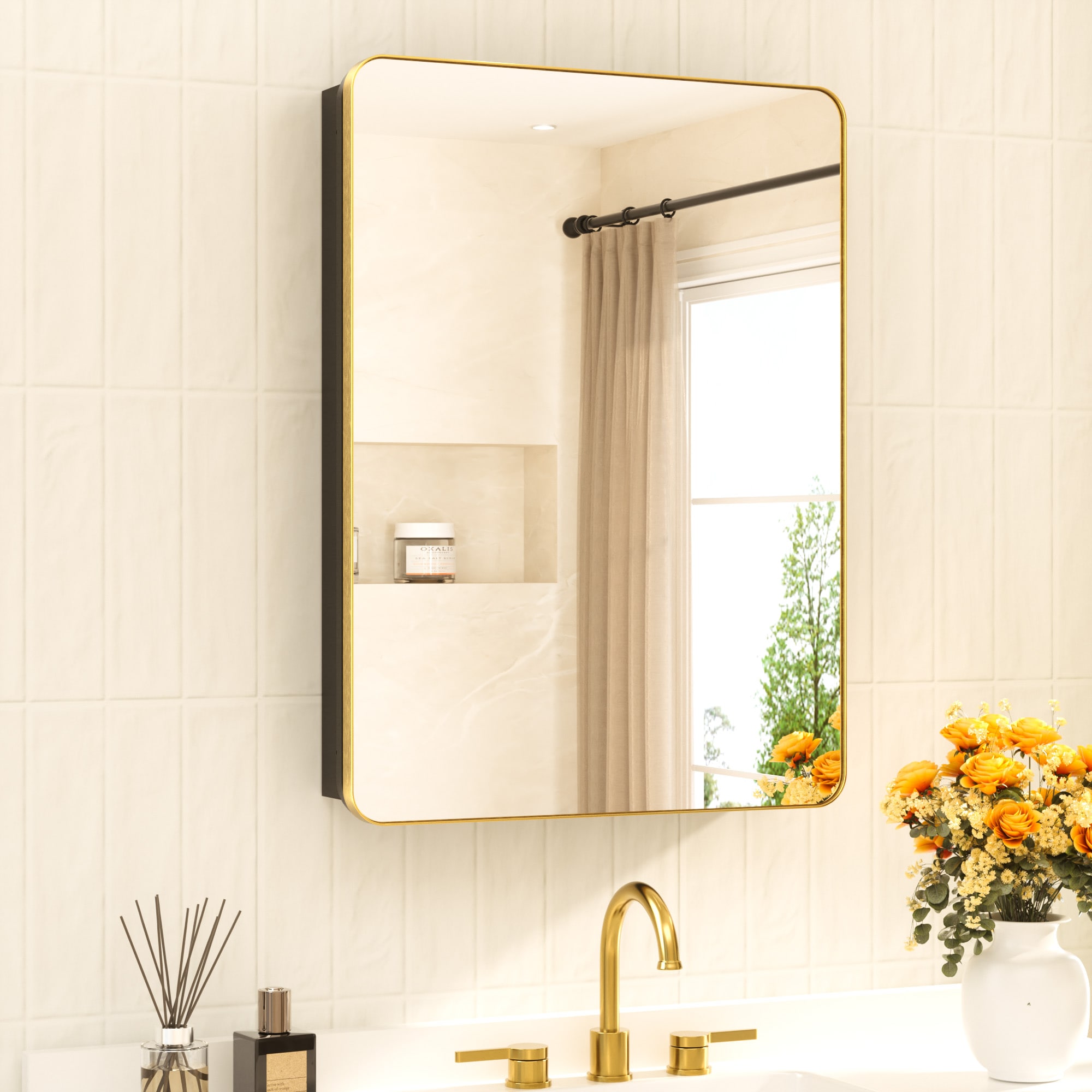 TETOTE 24-in x 32-in Recessed Mount Gold Framed Mirrored Rectangle Medicine Cabinet