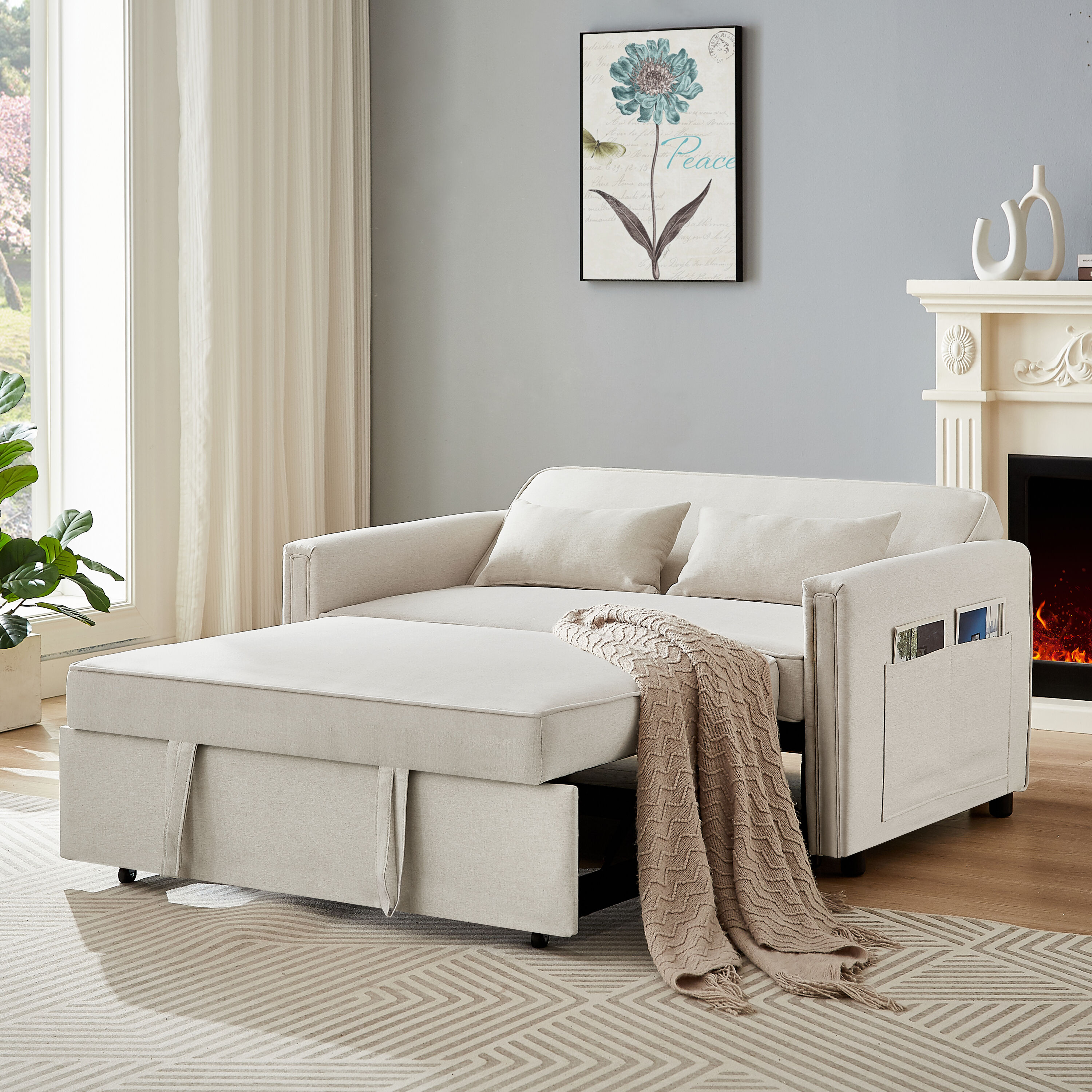 Runesay Sofa Bed Ivory White Contemporary/Modern Velvet Twin Sofa Bed ...