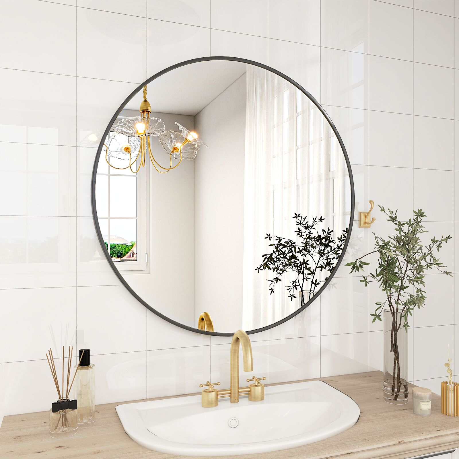 BEAUTYPEAK 30-in W x 30-in H Round Black Framed Wall Mirror LS-YSJ ...