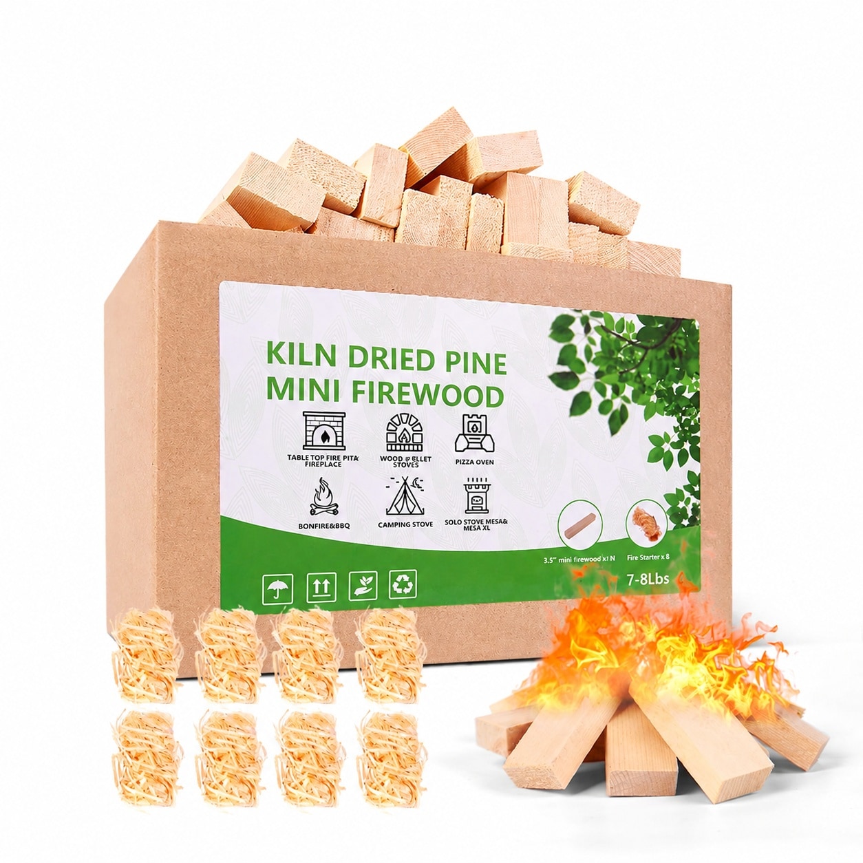 Vrbgify -  Mini Firewood 8pcs Fire Starters Kiln Dried Pine 3 Point 5 Inch Lengths Indoor Outdoor...
