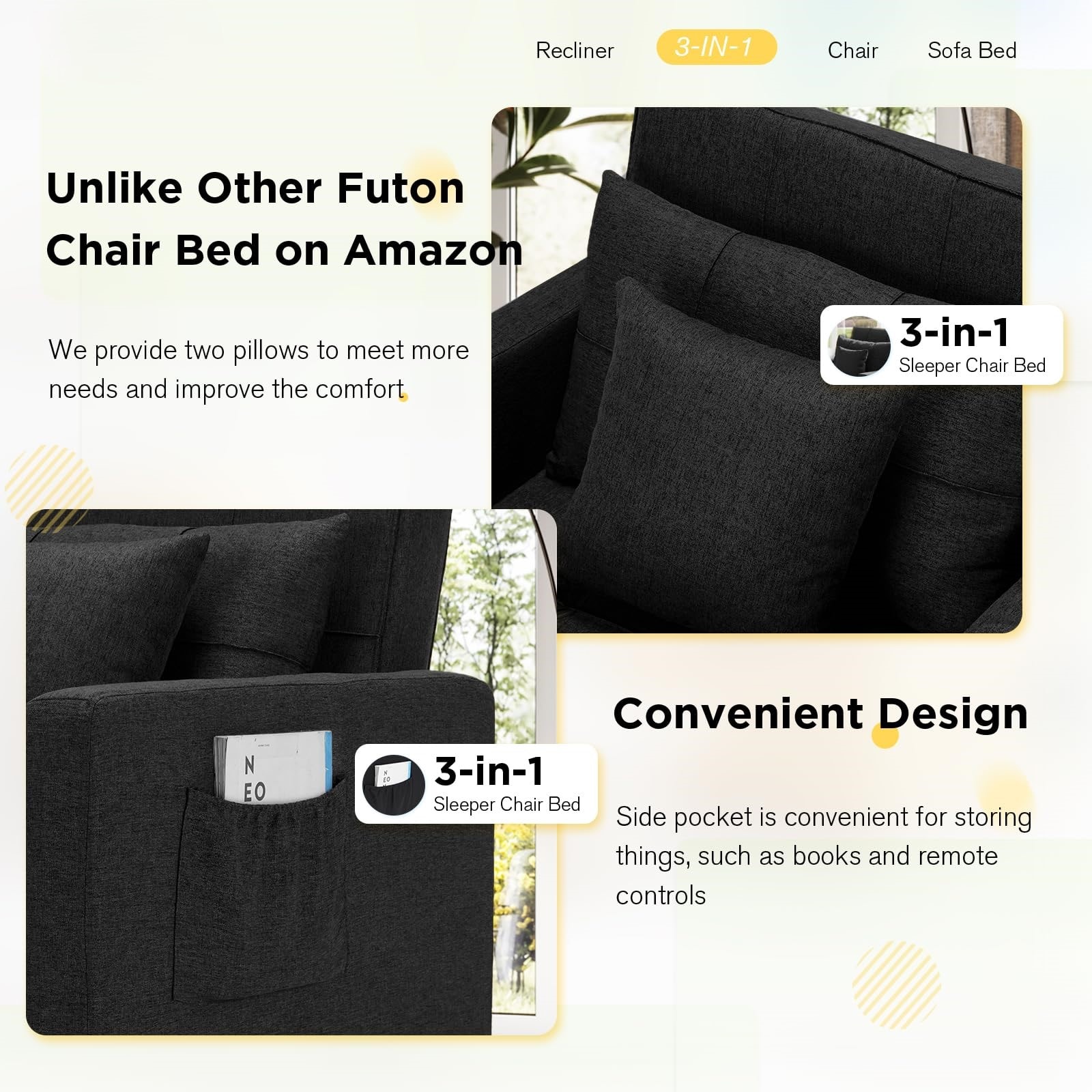Black Metal 3-in-1 Convertible Sleeper Accent Chair