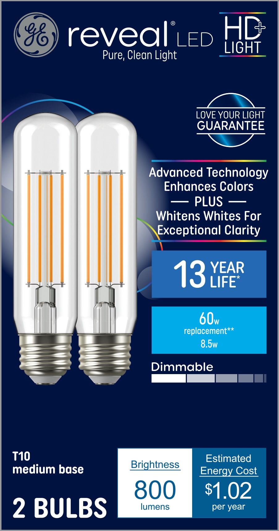 GE Reveal HD 60-Watt EQ T10 Color-enhancing Medium Base (e-26) Dimmable LED  Light Bulb (2-Pack) in the Decorative Light Bulbs department at