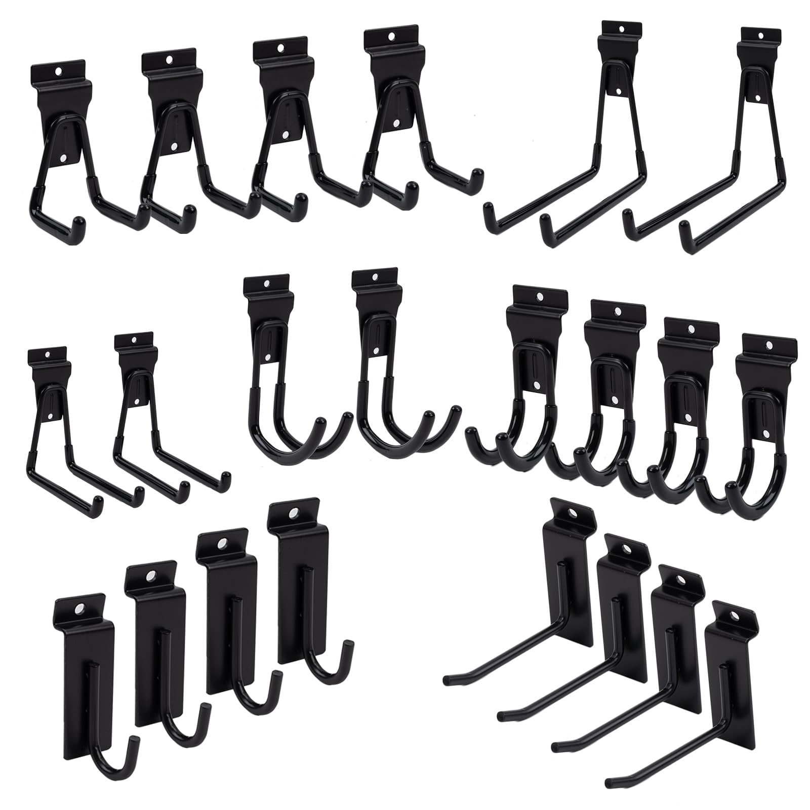 Lukvuzo  22 Pack Heavy Duty Slatwall Hooks Assortment for Garage Storage System Includes Double and Single Hooks for Tools and Ladders