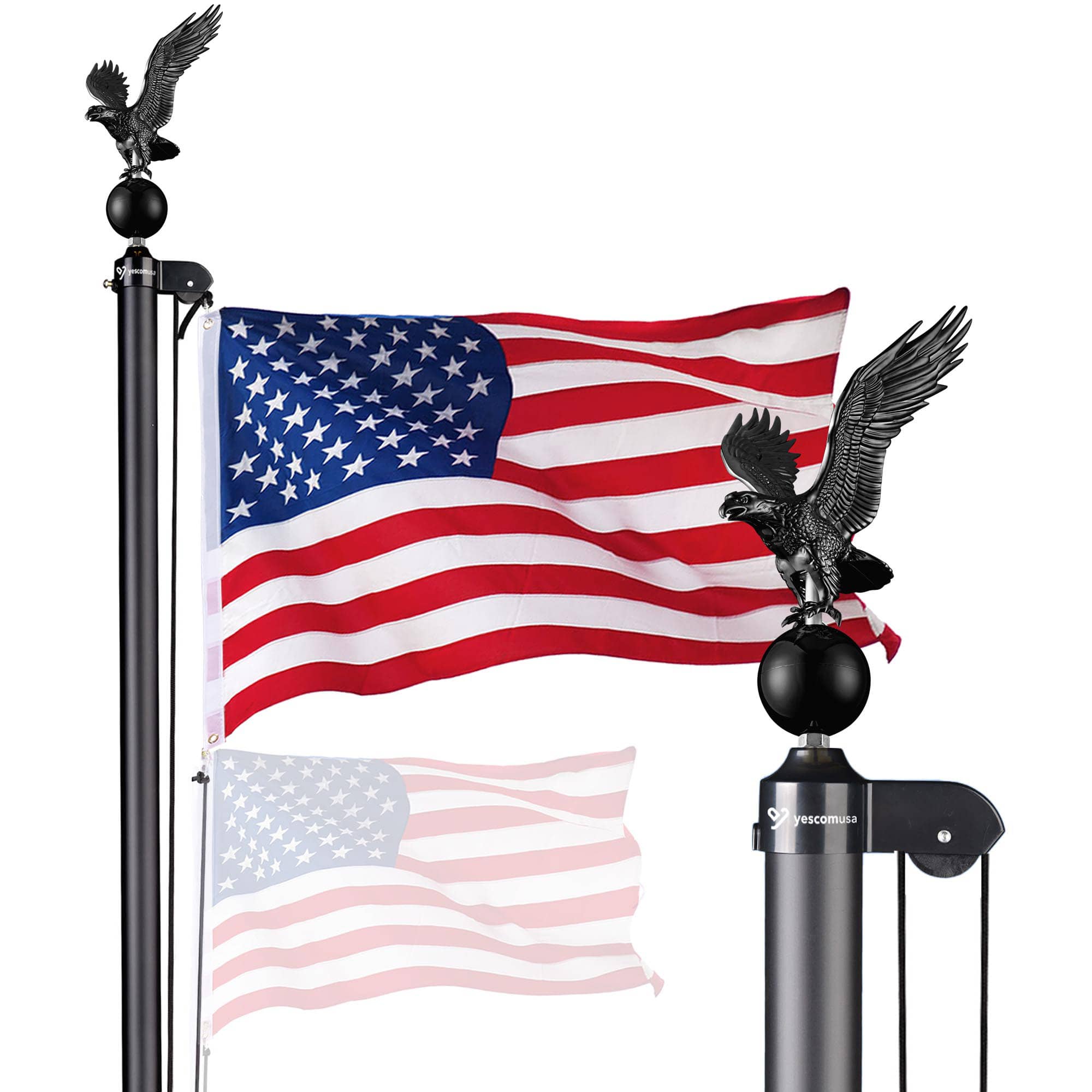 Yescom 22FLP004-20S-P-06-LO Bravery 20Ft Eagle Topper Sectional Flag Pole Kit Aluminum Outside Inground Yard Garden with 3 FTx5 FT USA Flag Black